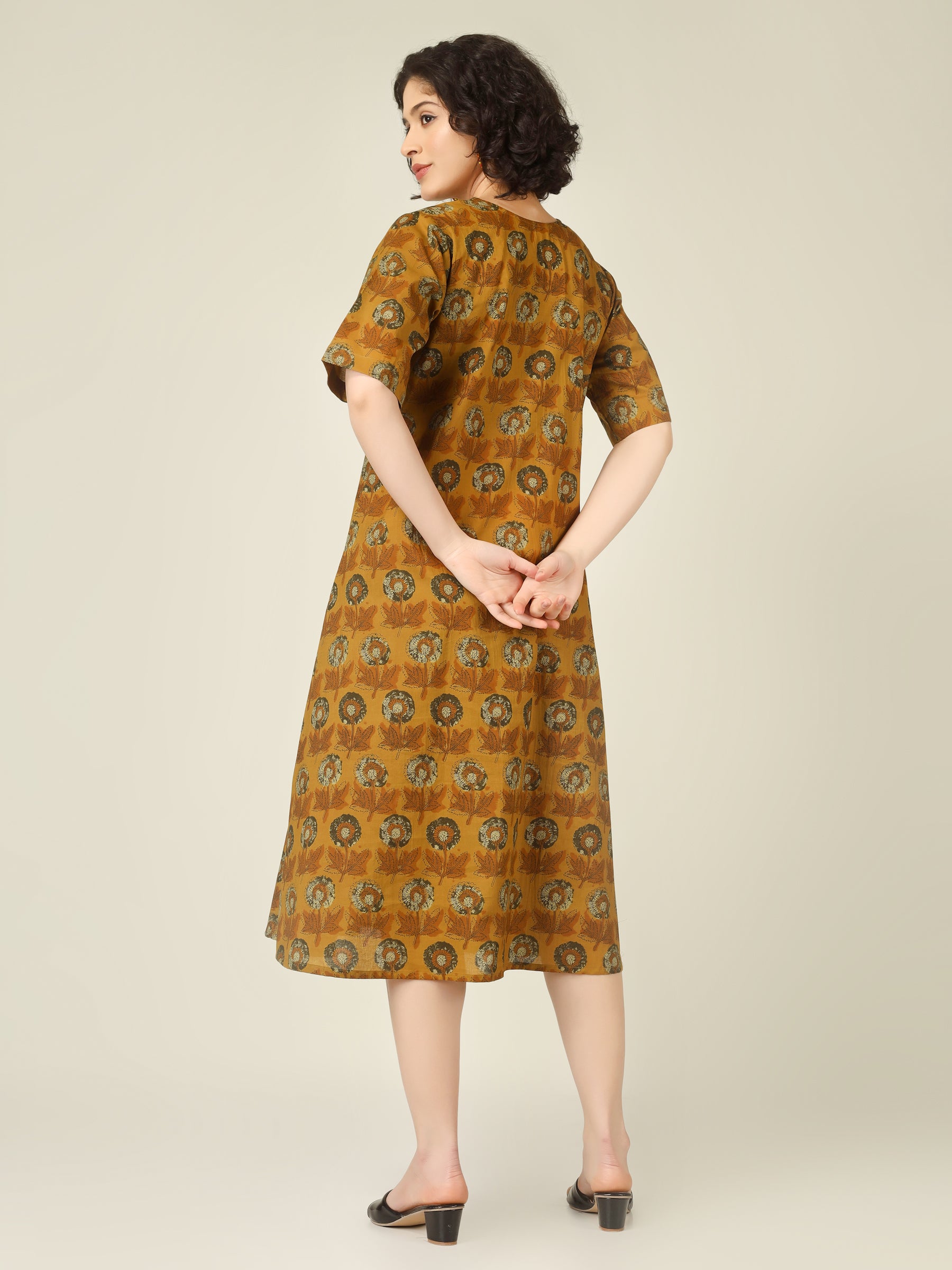 Mustard Printed Half-Sleeve A-Line Cotton Dress