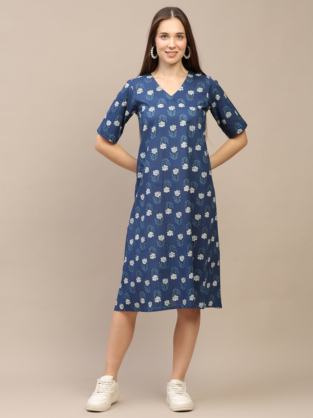 Blue Printed Half-Sleeve A-Line Cotton Dress
