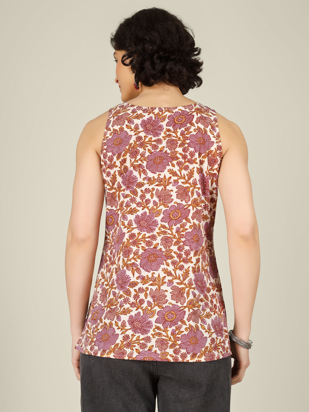 White Printed Round Neck Sleeveless Cotton Top