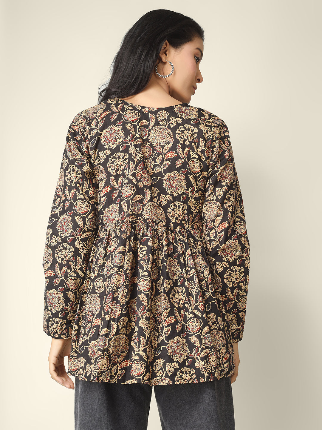 Black Printed Alia-Cut Cotton Peplum Top