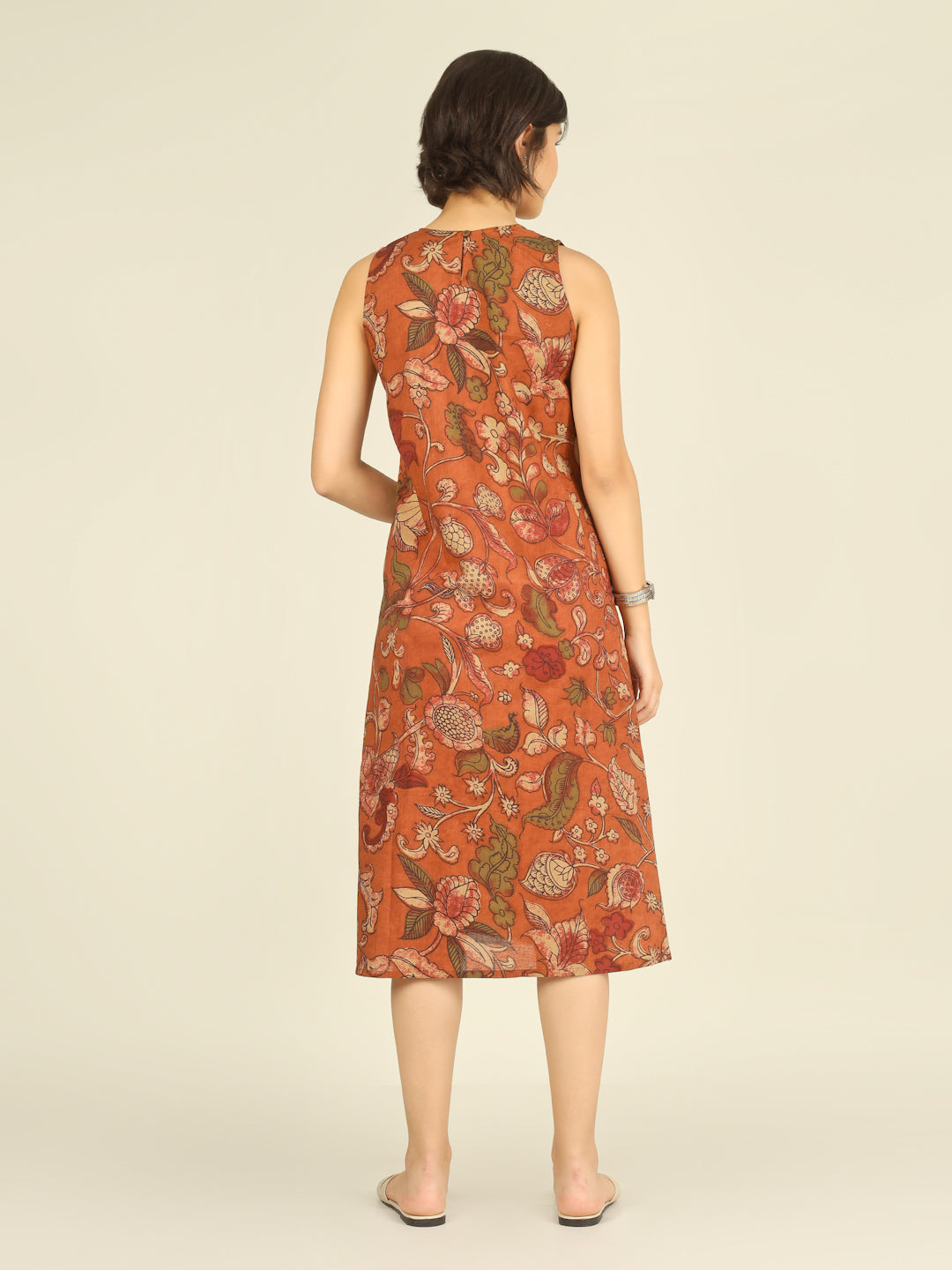 Orange Printed Sleeveless A-Line Cotton Dress