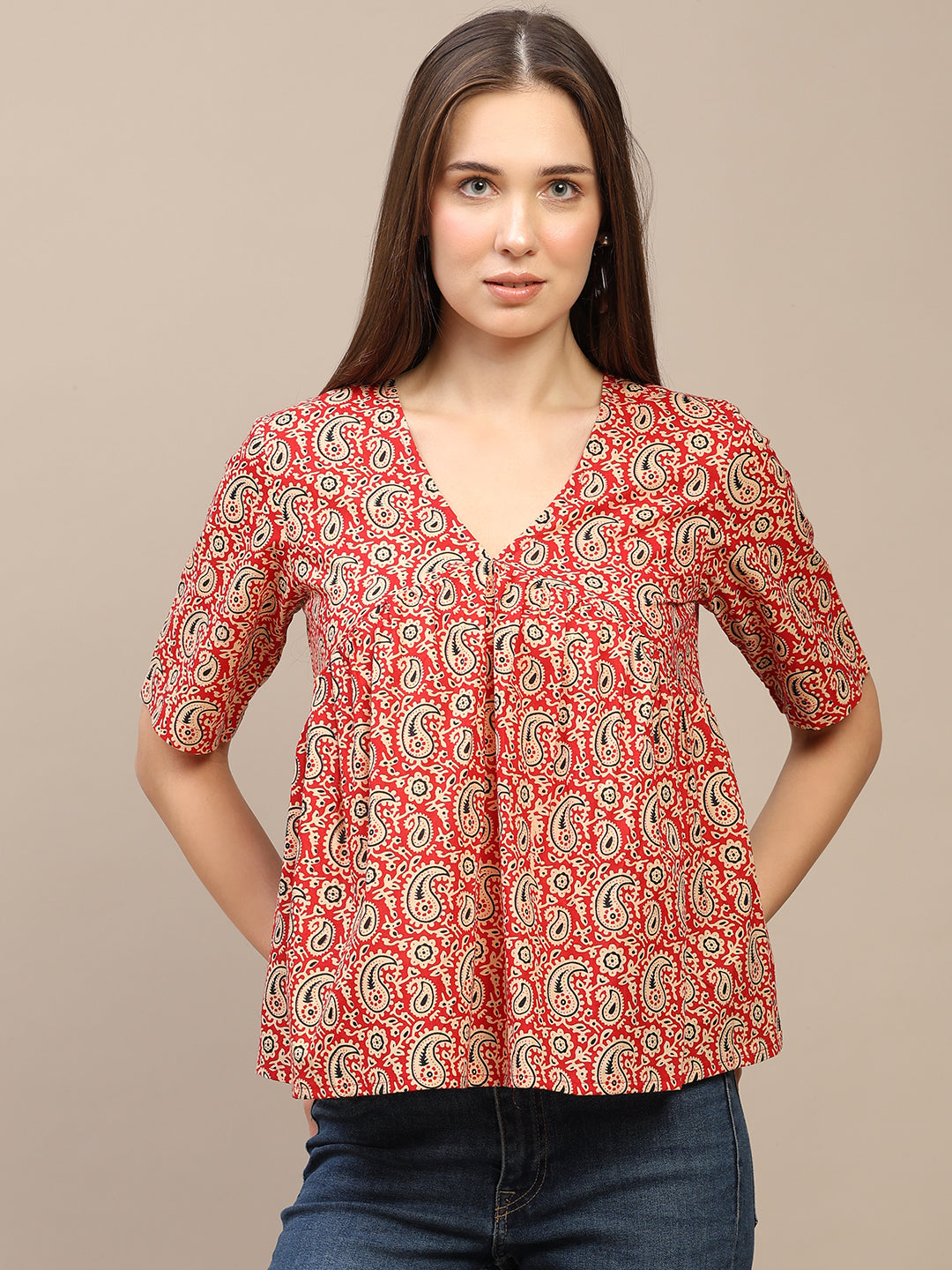 Red Printed Half-Sleeve Peplum Top