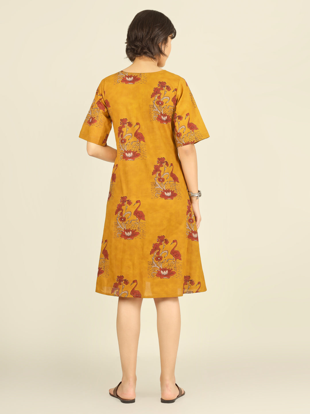 Yellow Printed Half-Sleeve A-Line Short Cotton Dress