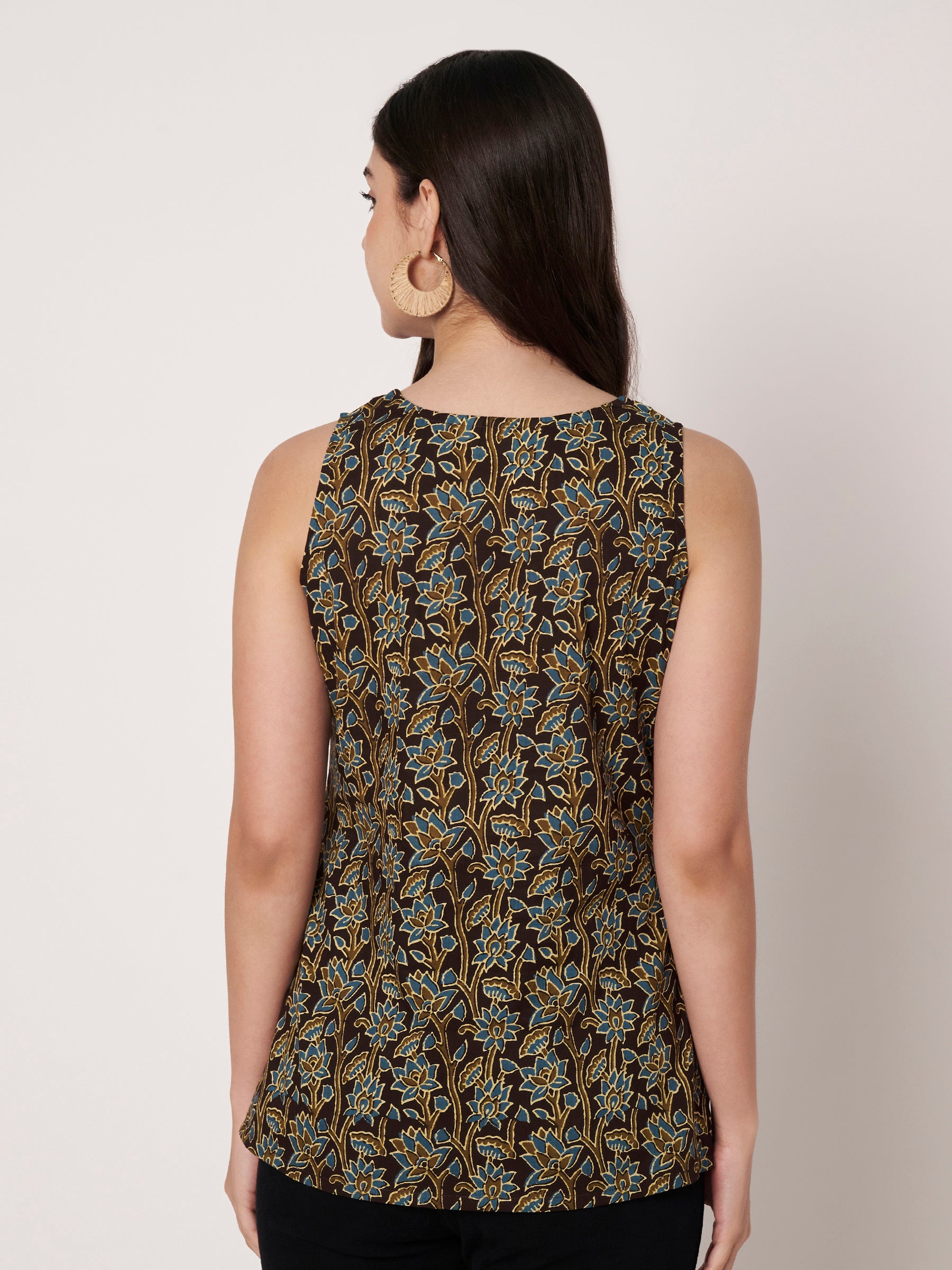 Brown Printed Sleeveless V-Neck Cotton Top