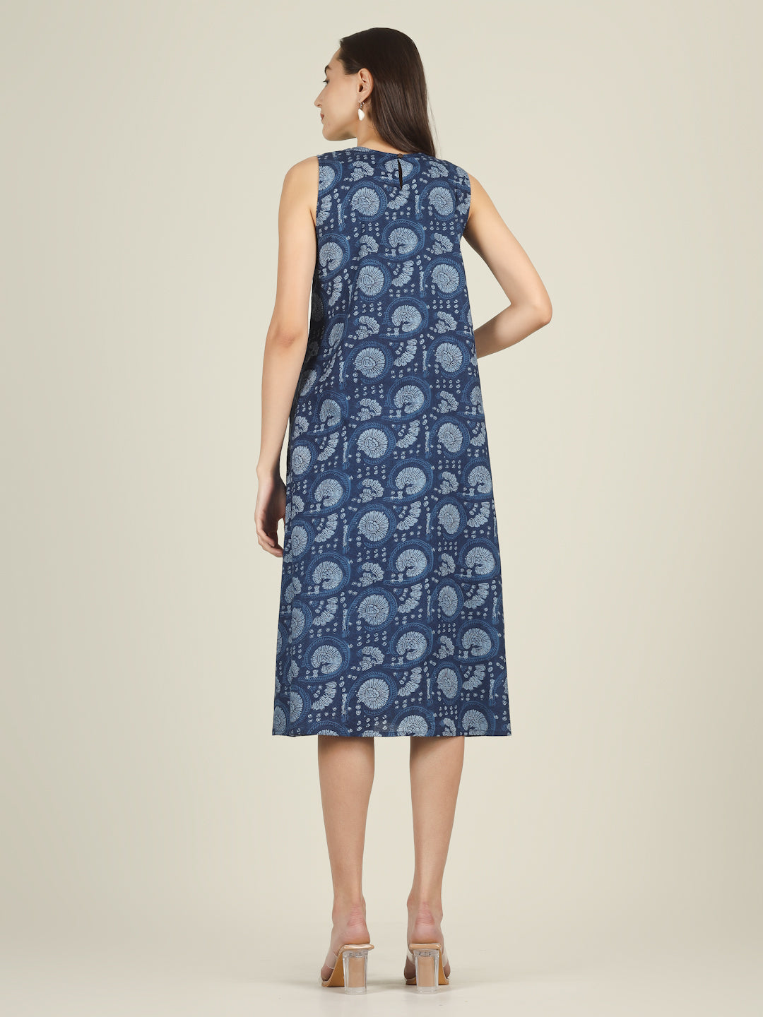 Dark Blue Printed Sleeveless A-Line Cotton Dress