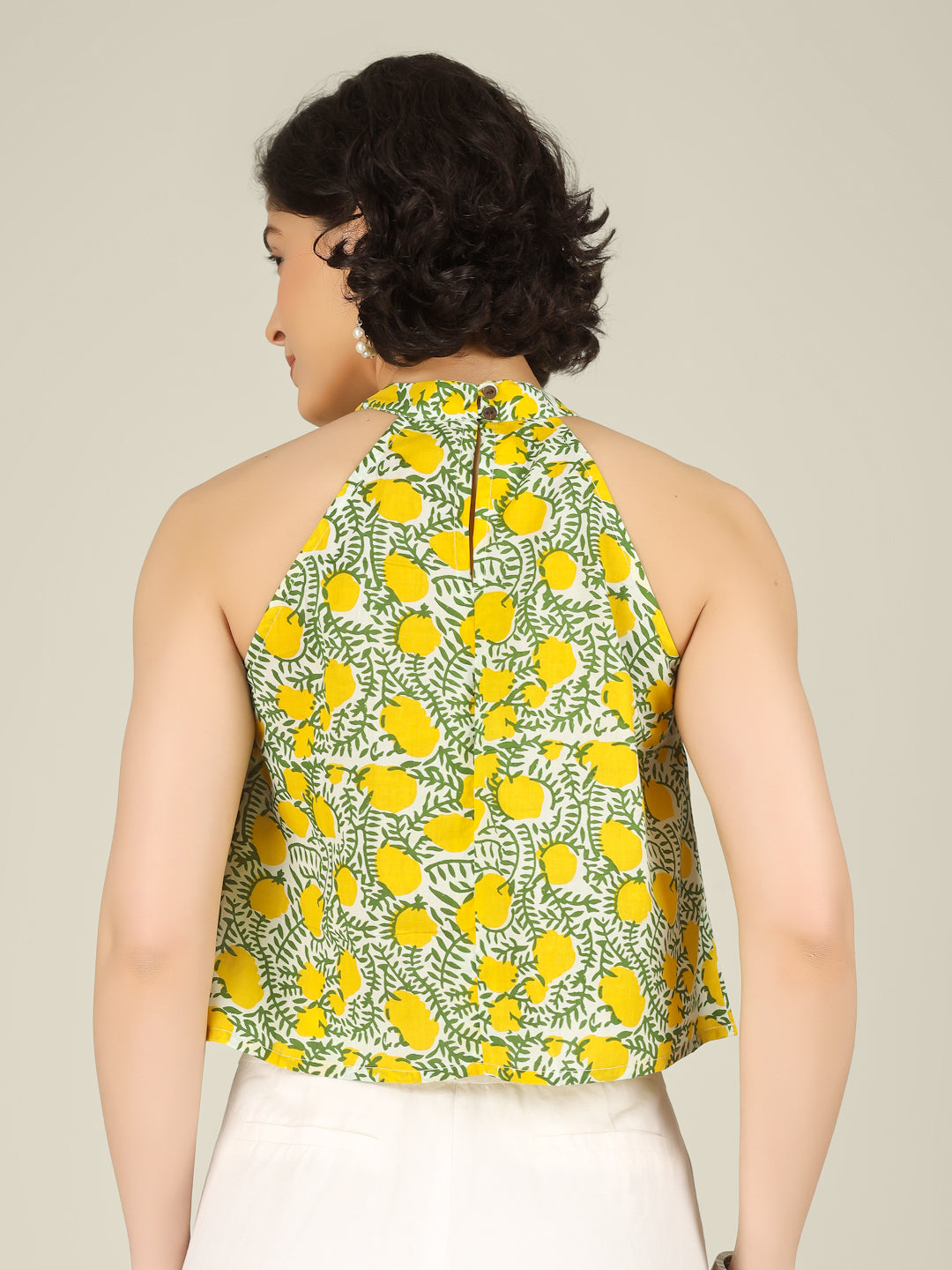 White Printed Halter Neck Sleeveless Cotton Top