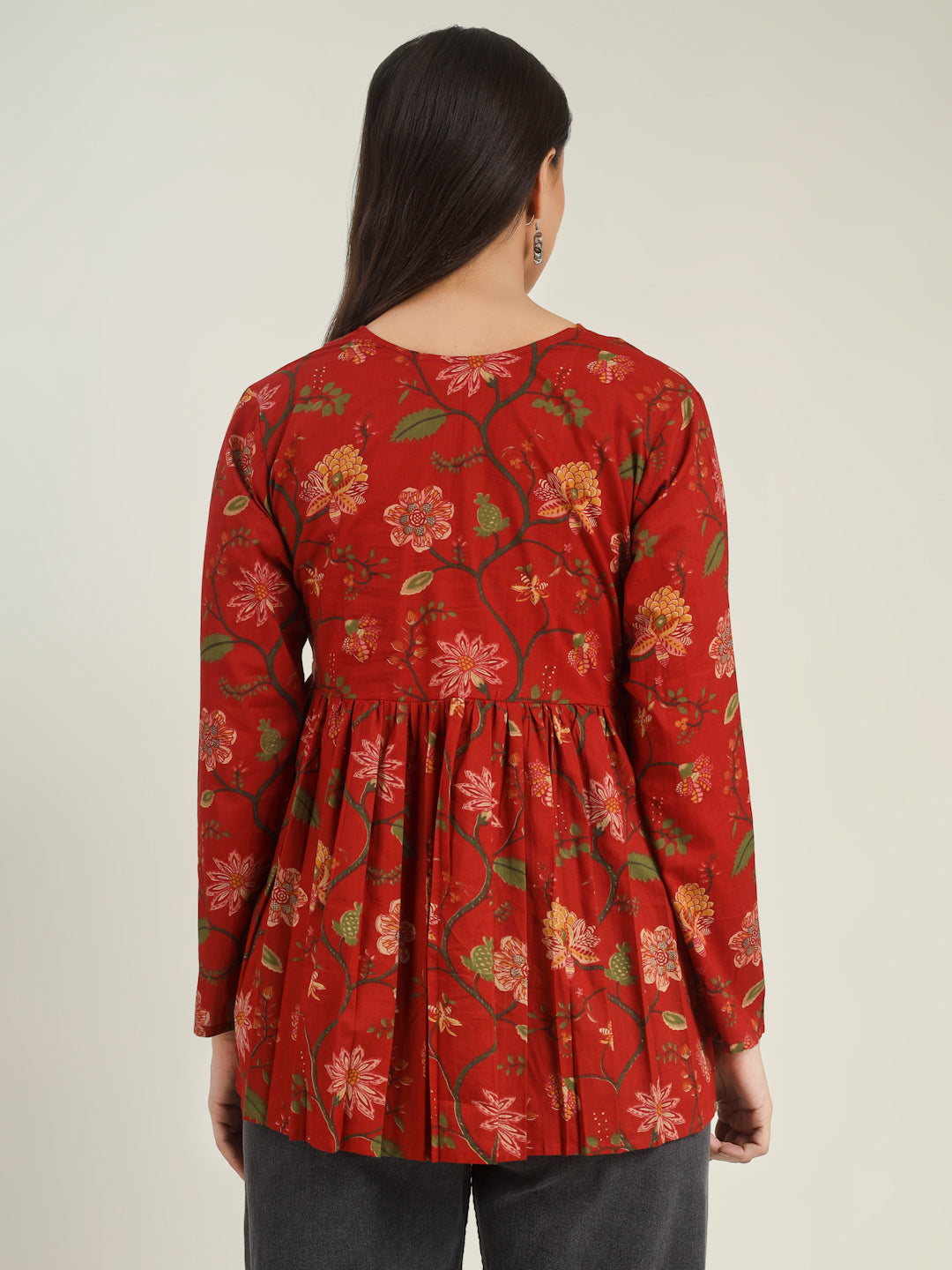Red Printed Full-Sleeves Alia-Cut Cotton Top
