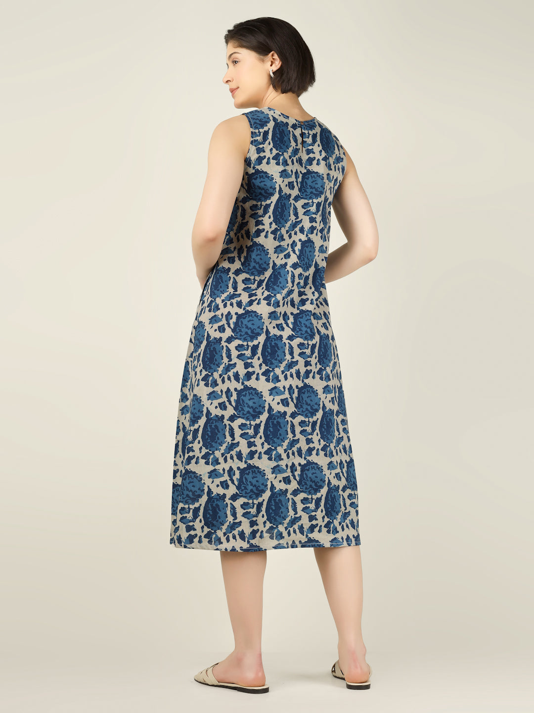 Blue Printed Sleeveless A-Line Cotton Dress