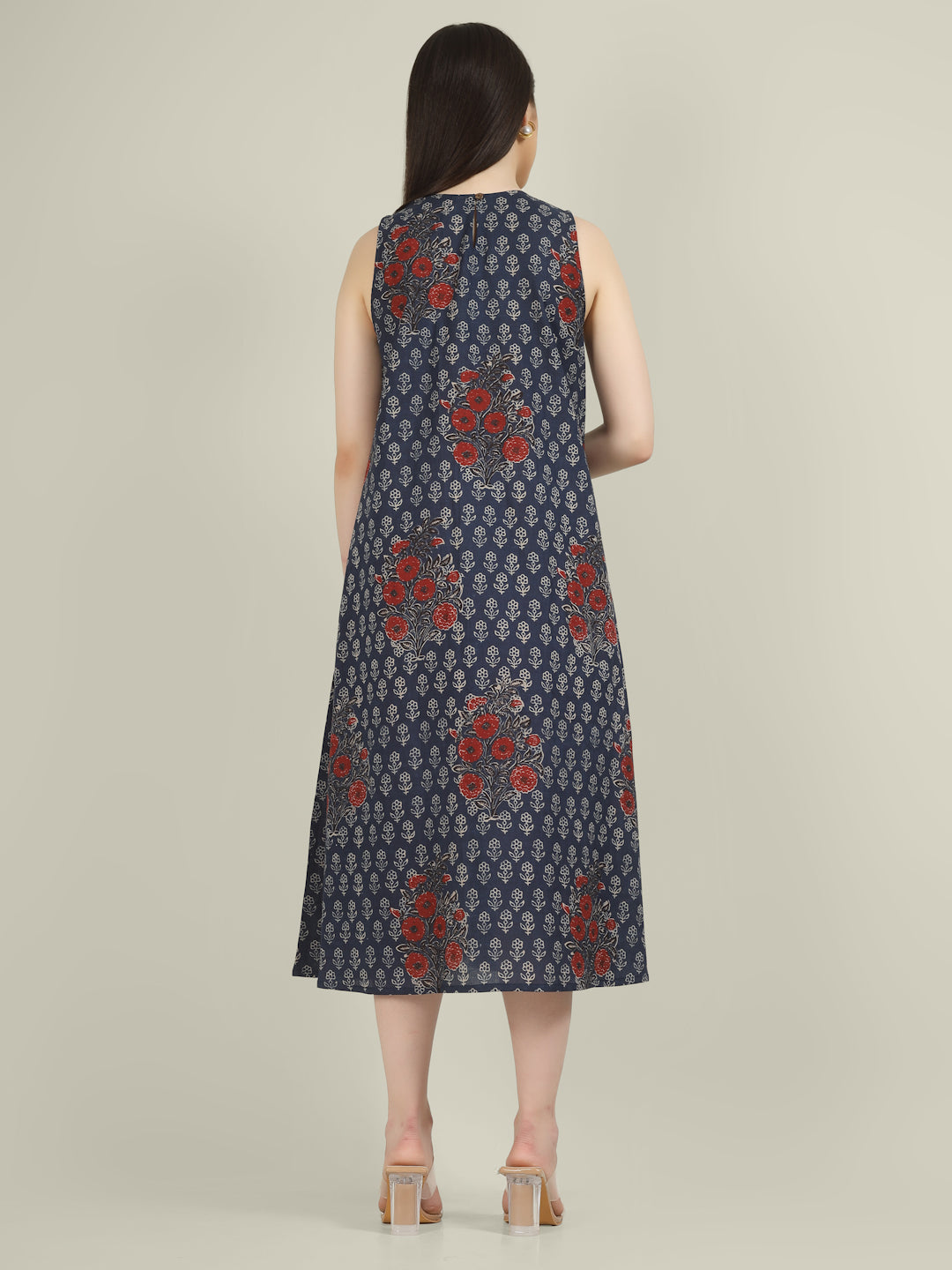 Navy Blue Printed Sleeveless A-Line Cotton Dress