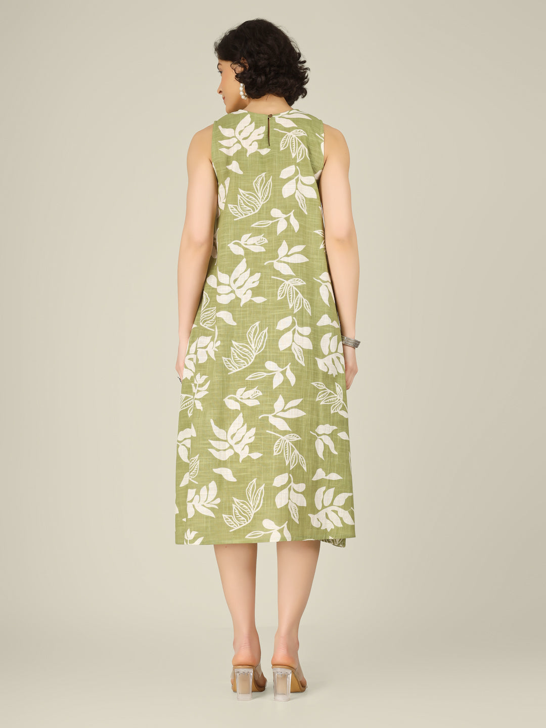 Sage Green Printed Sleeveless A-Line Cotton Dress