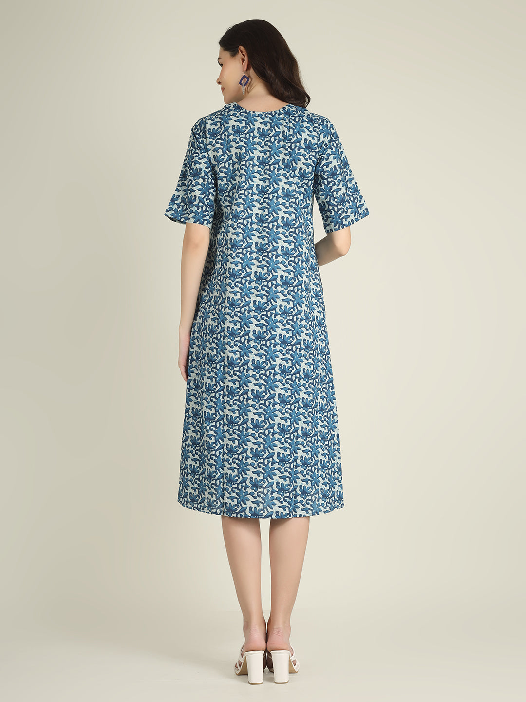 Blue Printed Half-Sleeve A-Line Cotton Dress
