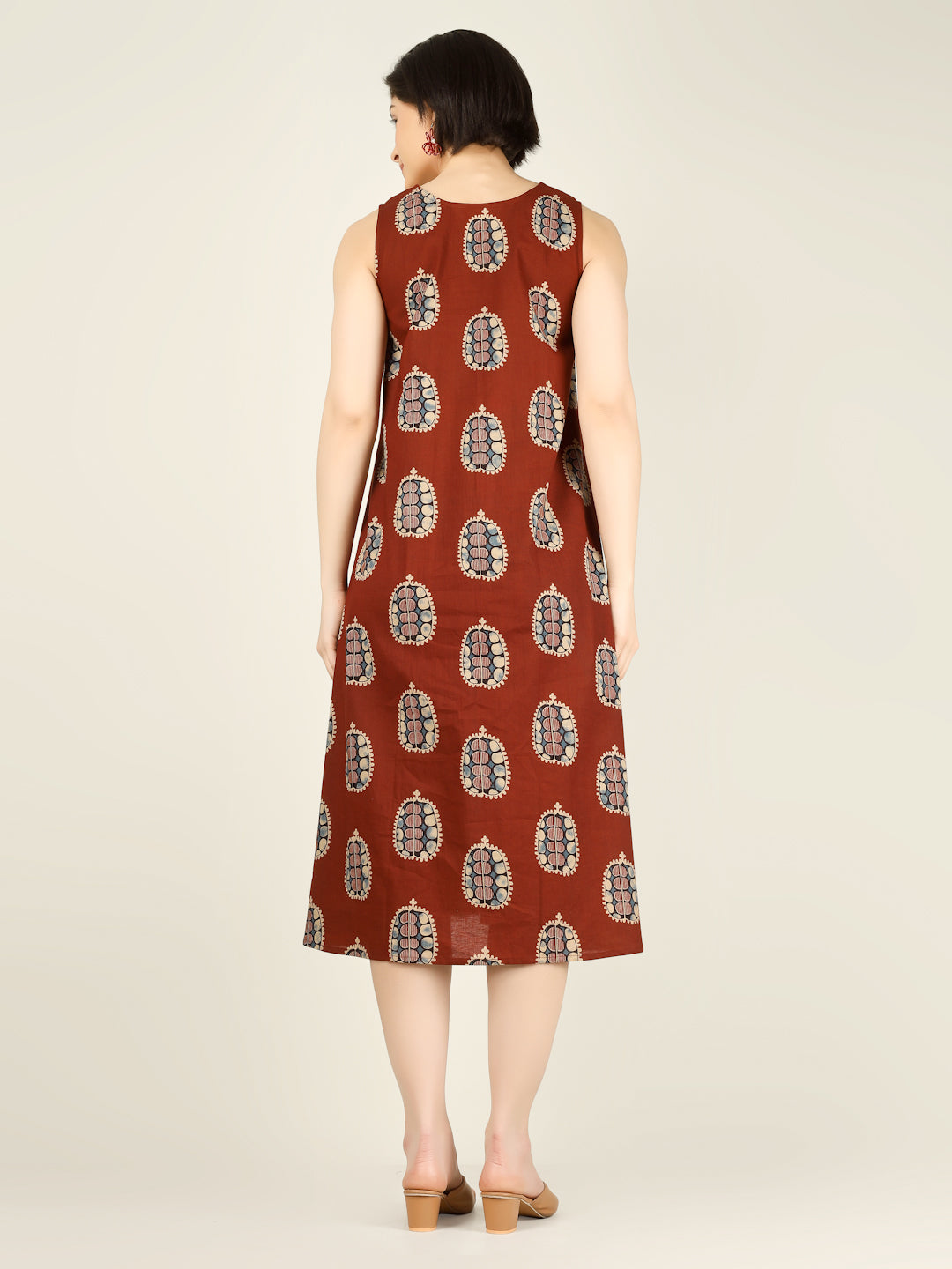 Rust Printed Sleeveless V-Neck A-Line Cotton Dress
