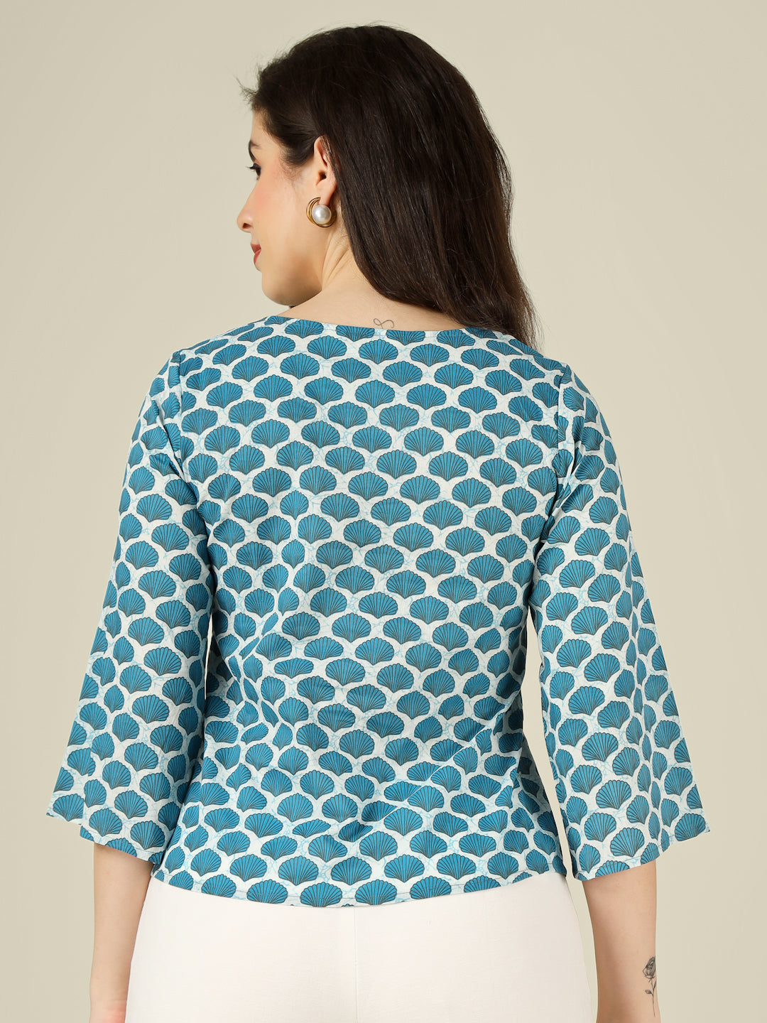 Blue Printed Straight Bell-Sleeves Top