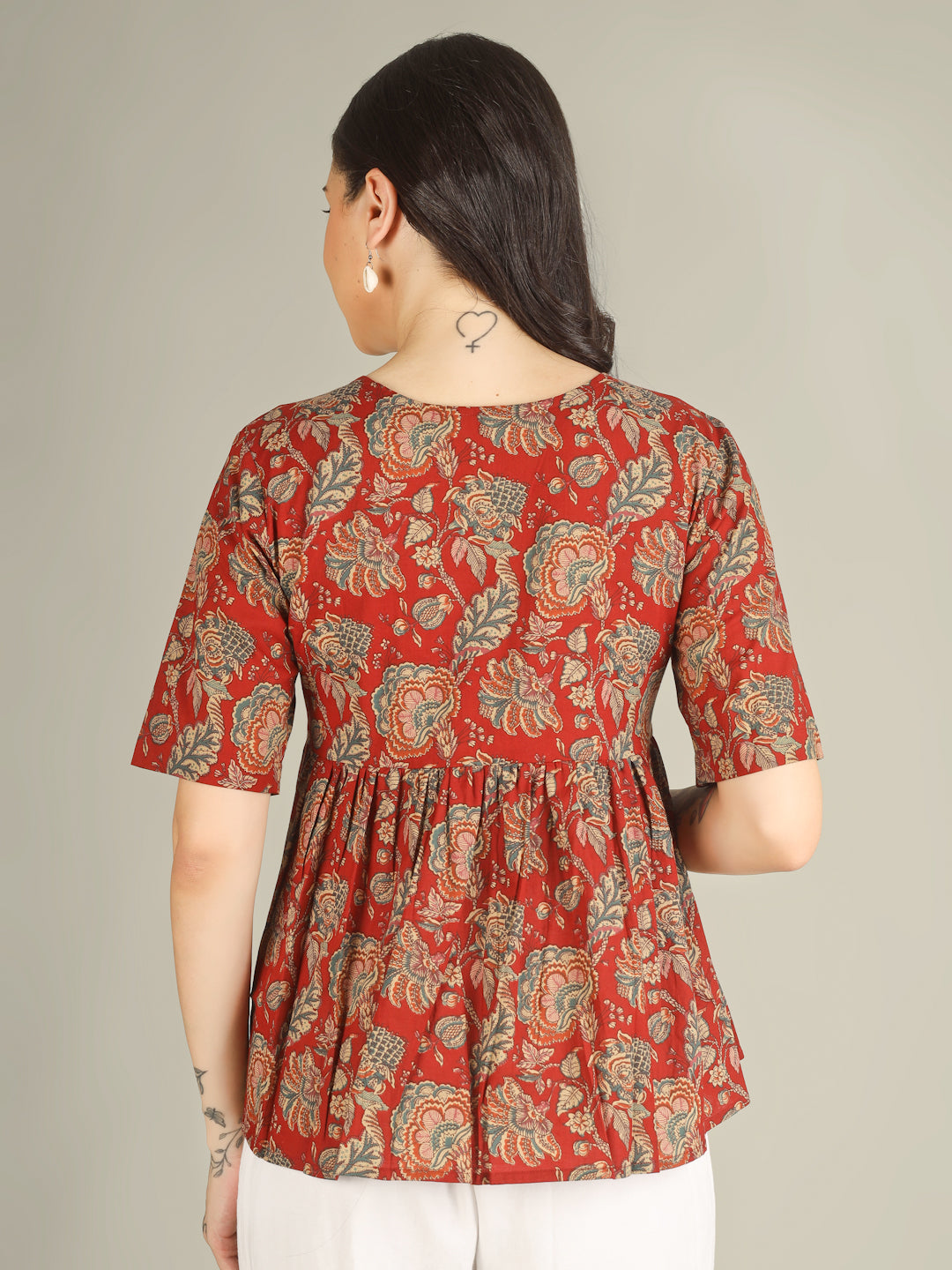 Maroon Printed Half-Sleeve Alia-Cut Cotton Top