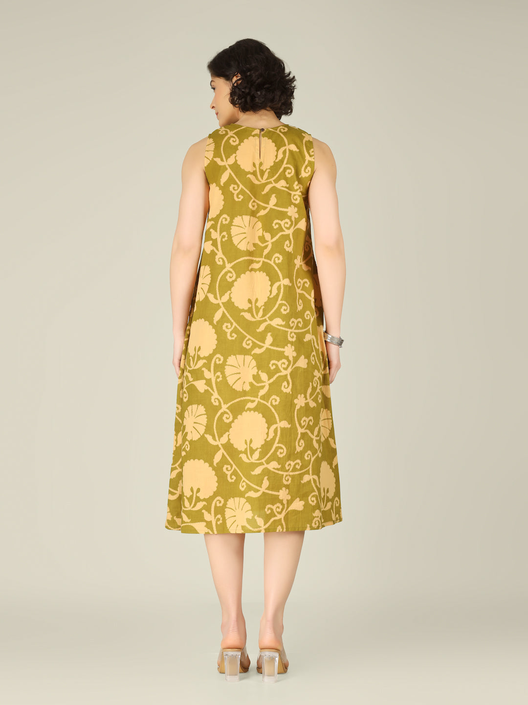 Green Printed Sleeveless A-Line Cotton Dress