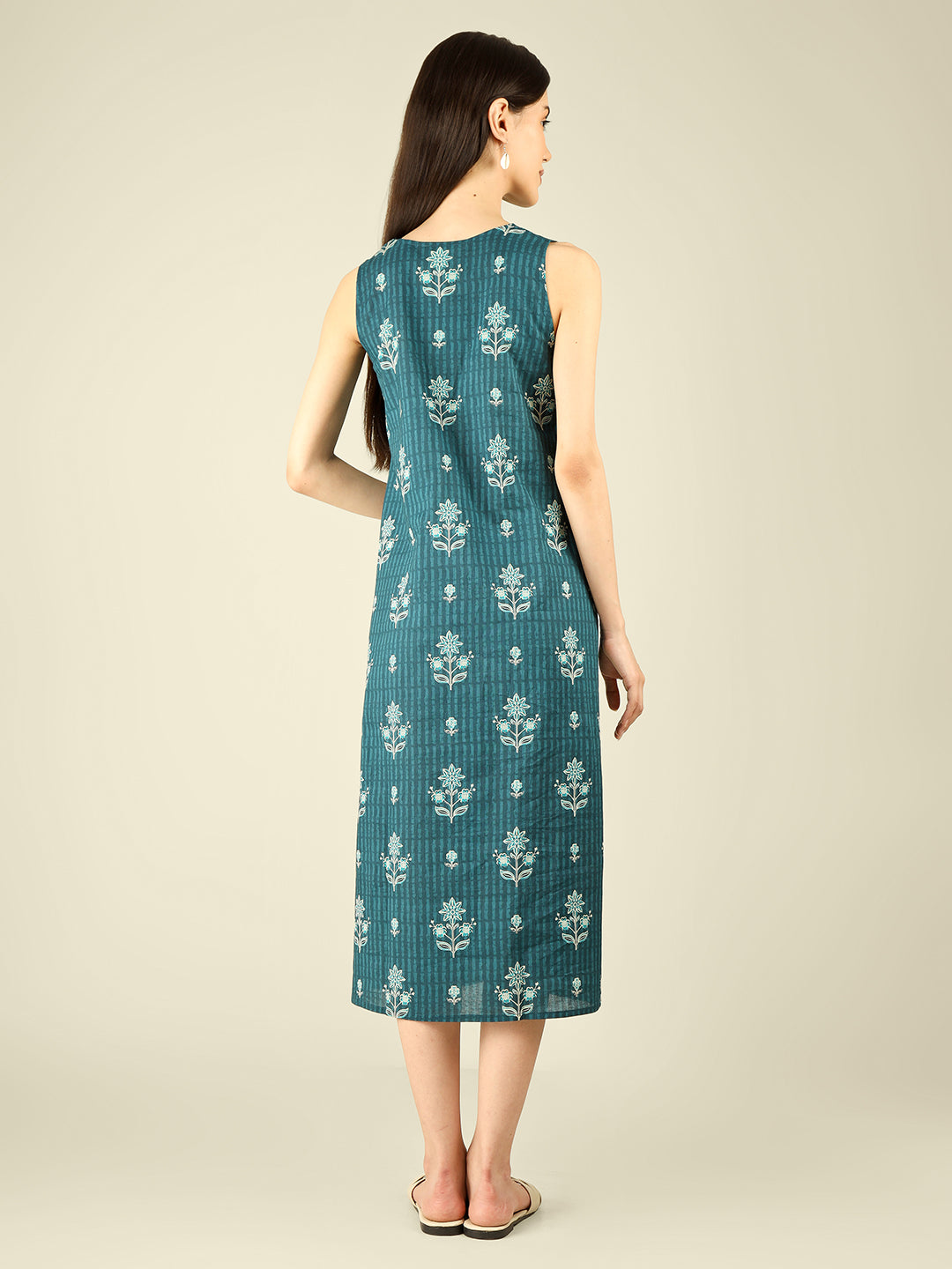 Teal Blue Printed V-Neck Sleeveless A-Line Cotton Dress