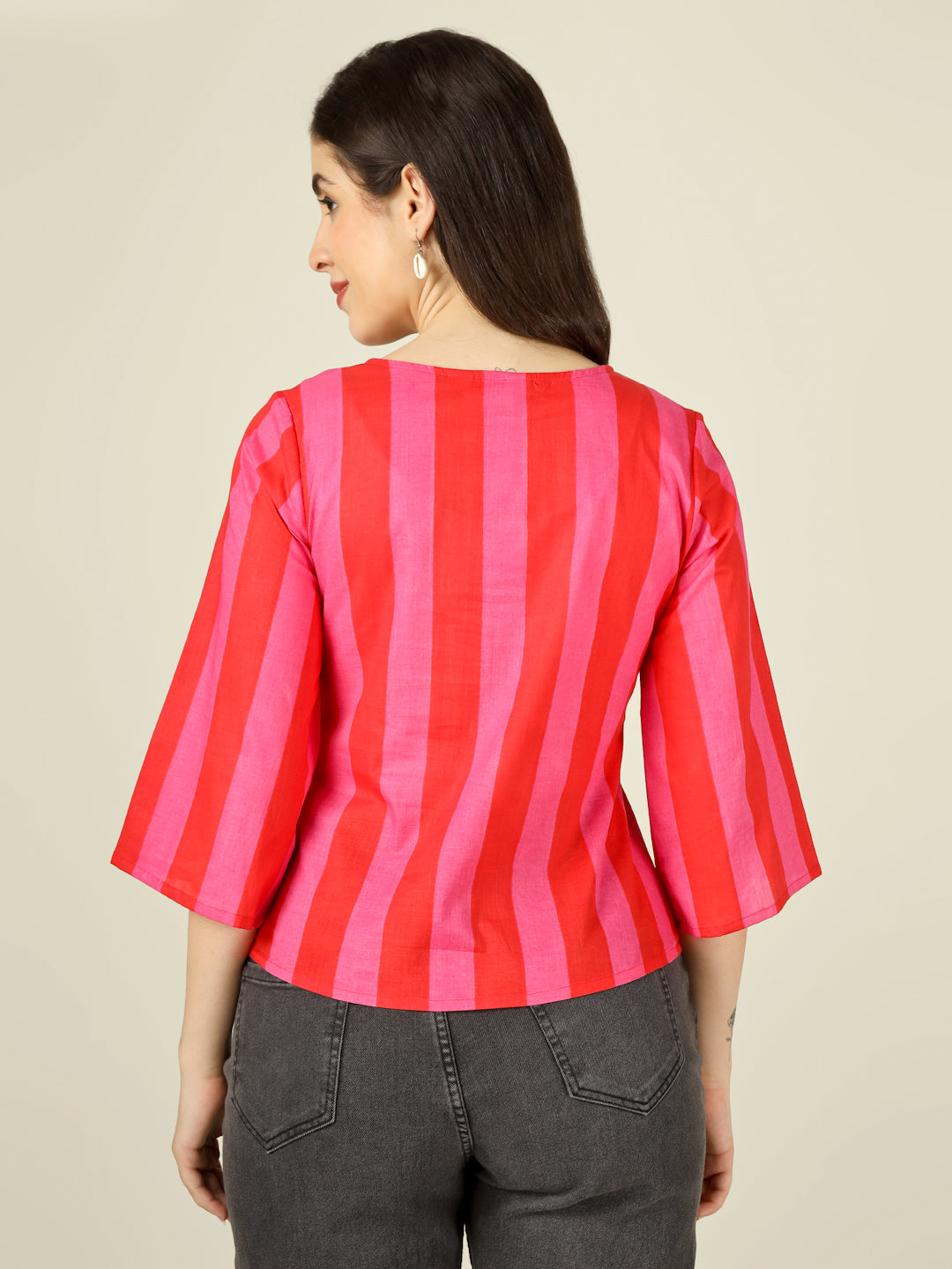 Pink and Red Striped Straight Bell-Sleeves Top