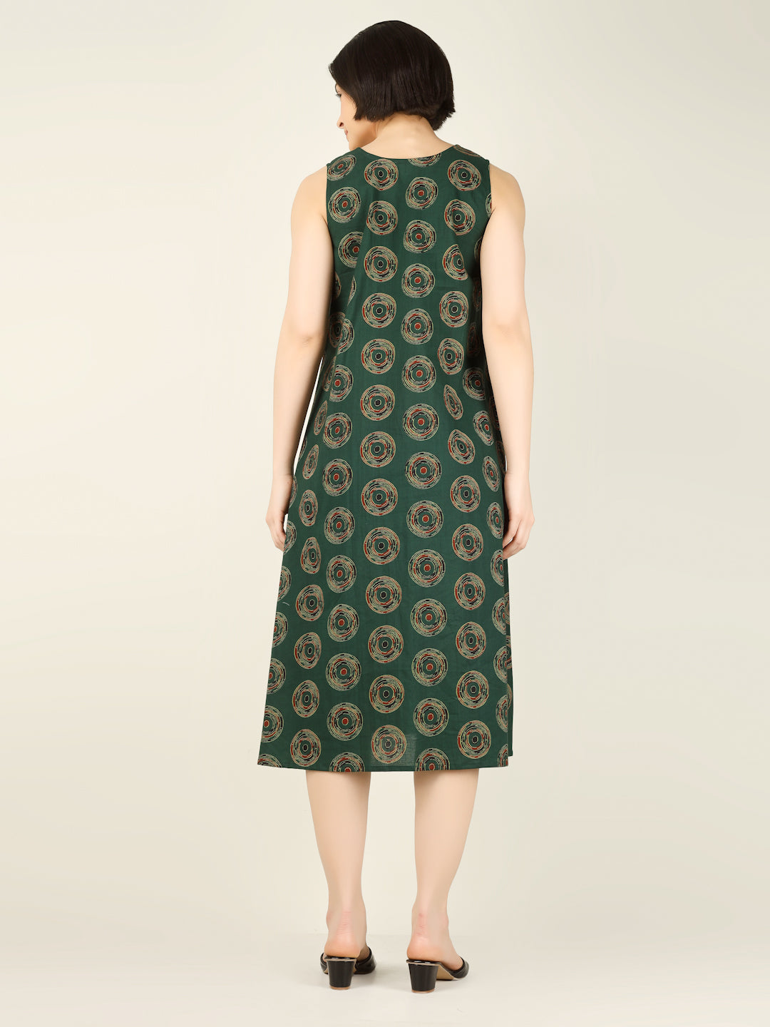 Dark Green Printed Sleeveless V-Neck A-Line Cotton Dress