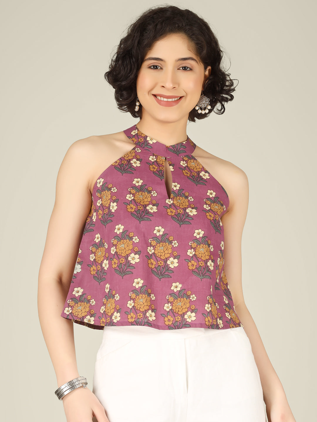 Purple Printed Halter Neck Sleeveless Cotton Top