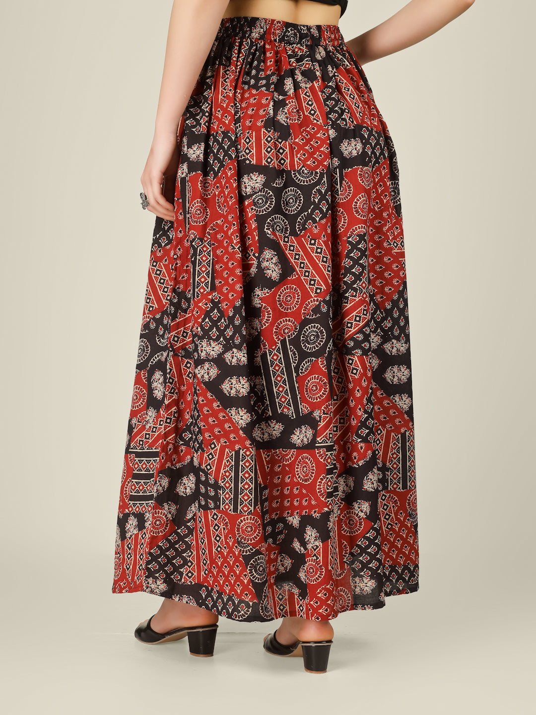 Red and Black Printed Cotton Maxi Skirt