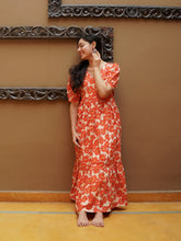 Cream and Orange Printed Long Cotton Dress