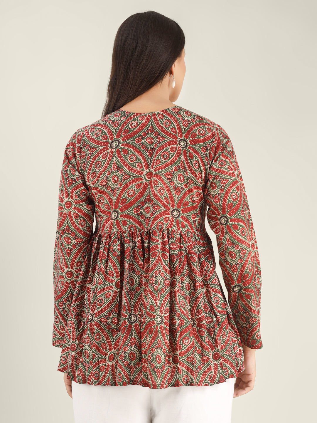 Maroon Printed Full-Sleeves Alia-Cut Cotton Top