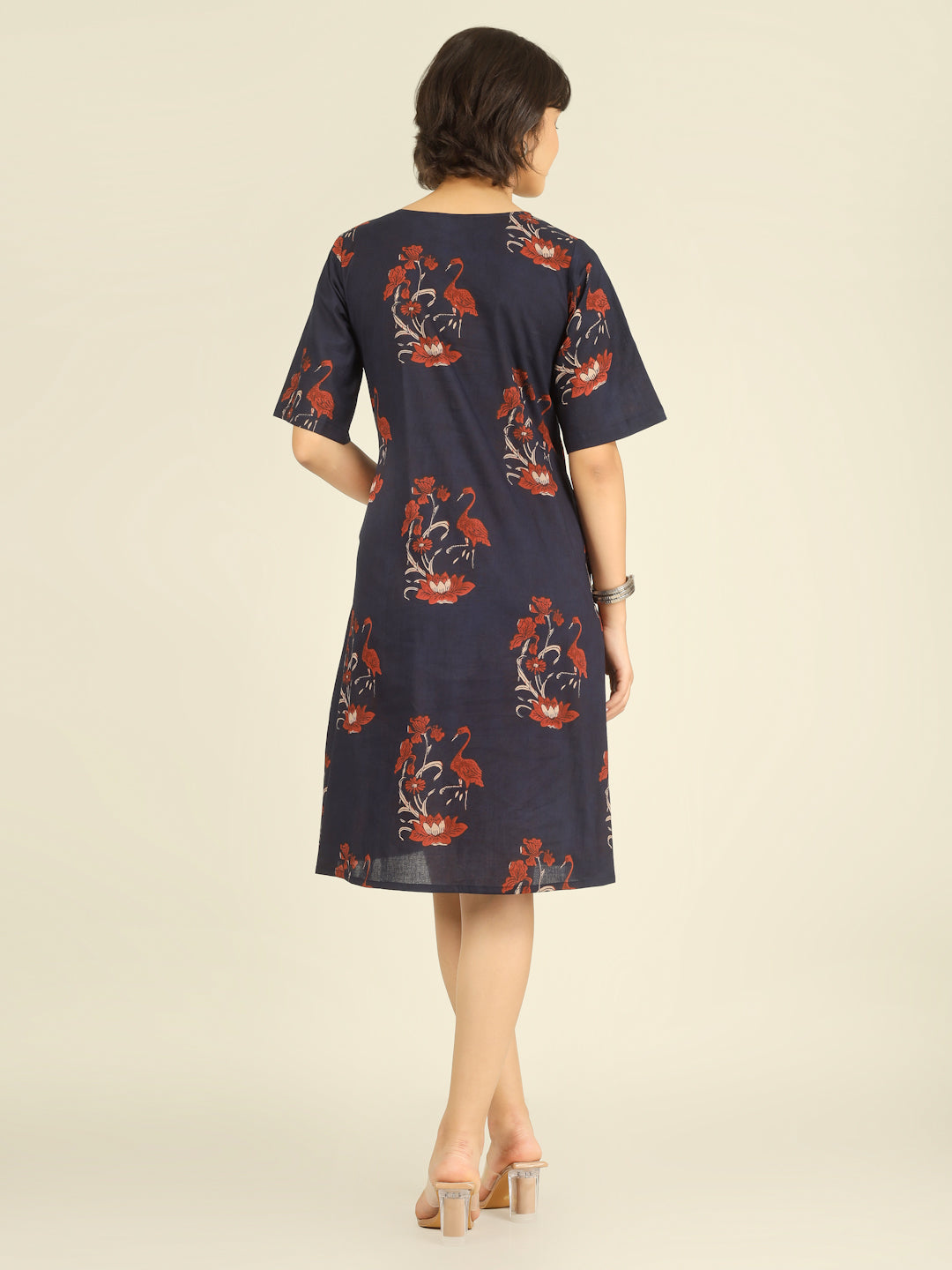 Navy Blue Printed Half-Sleeve A-Line Short Cotton Dress