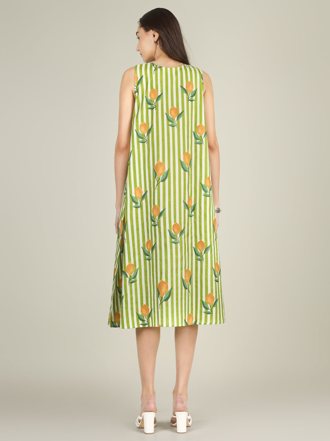 Green Striped V-Neck Sleeveless A-Line Cotton Dress