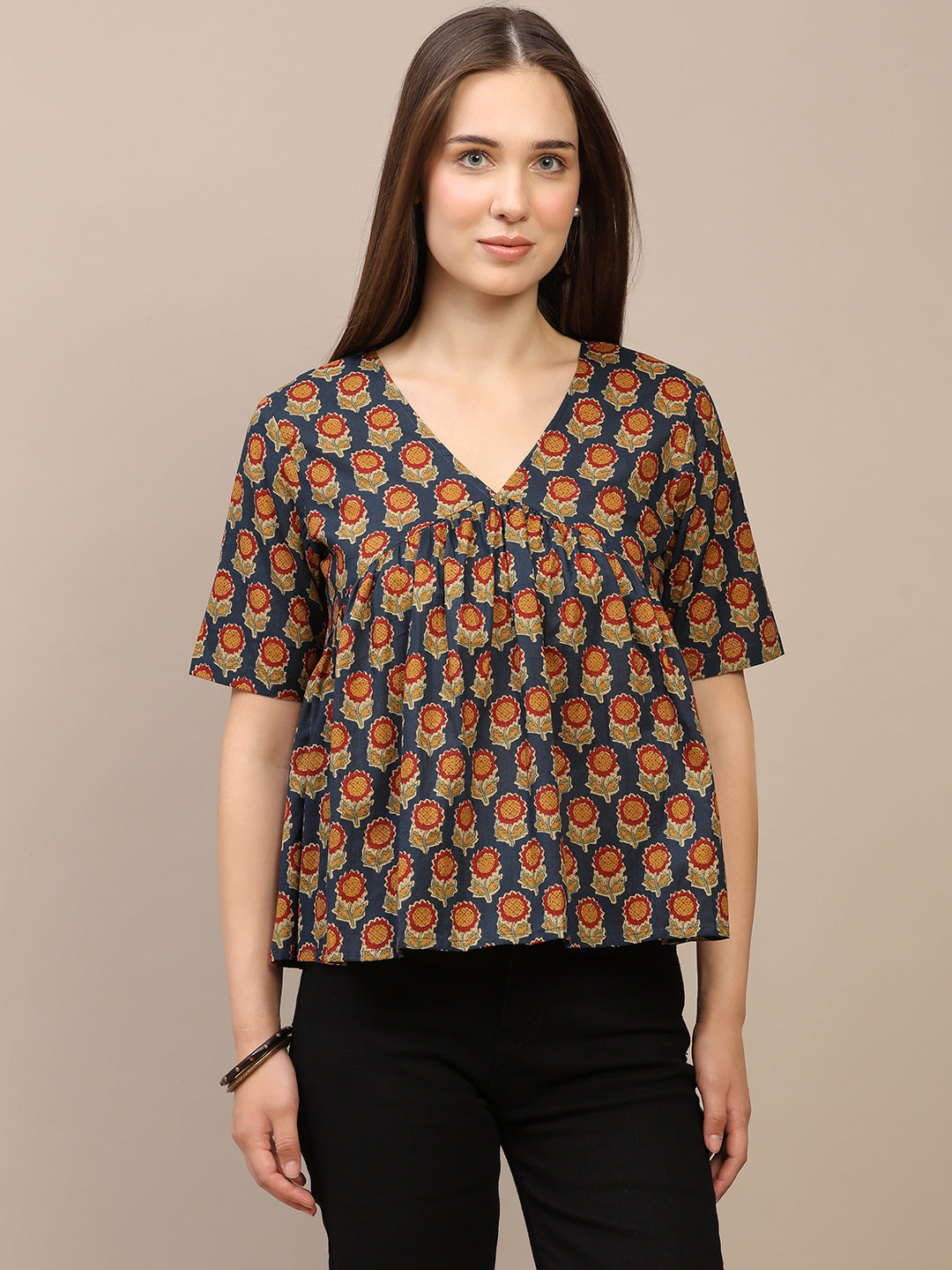 Navy Blue Printed Half-Sleeve Alia-Cut Cotton Top