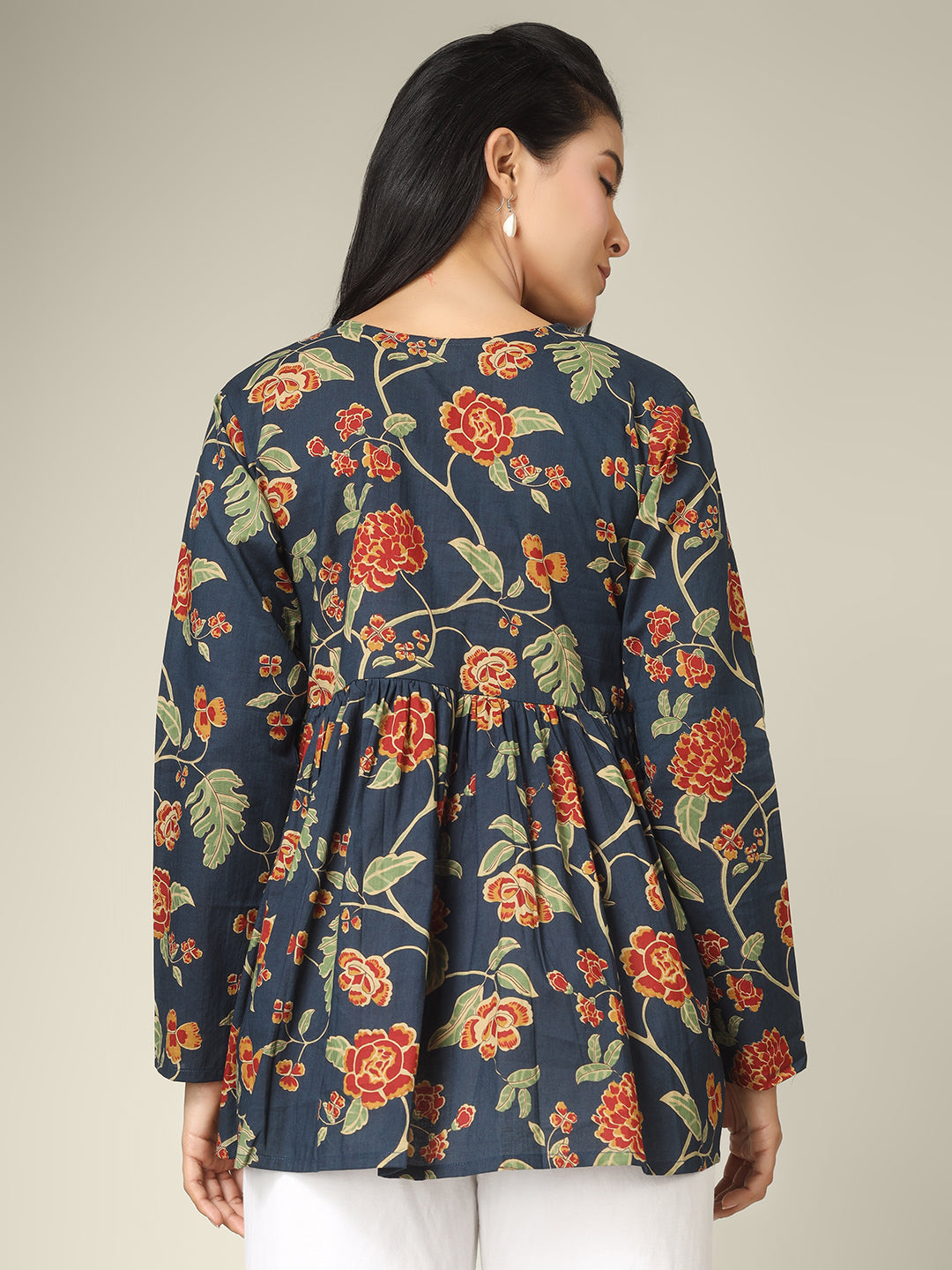 Navy Blue Printed Alia-Cut Cotton Peplum Top