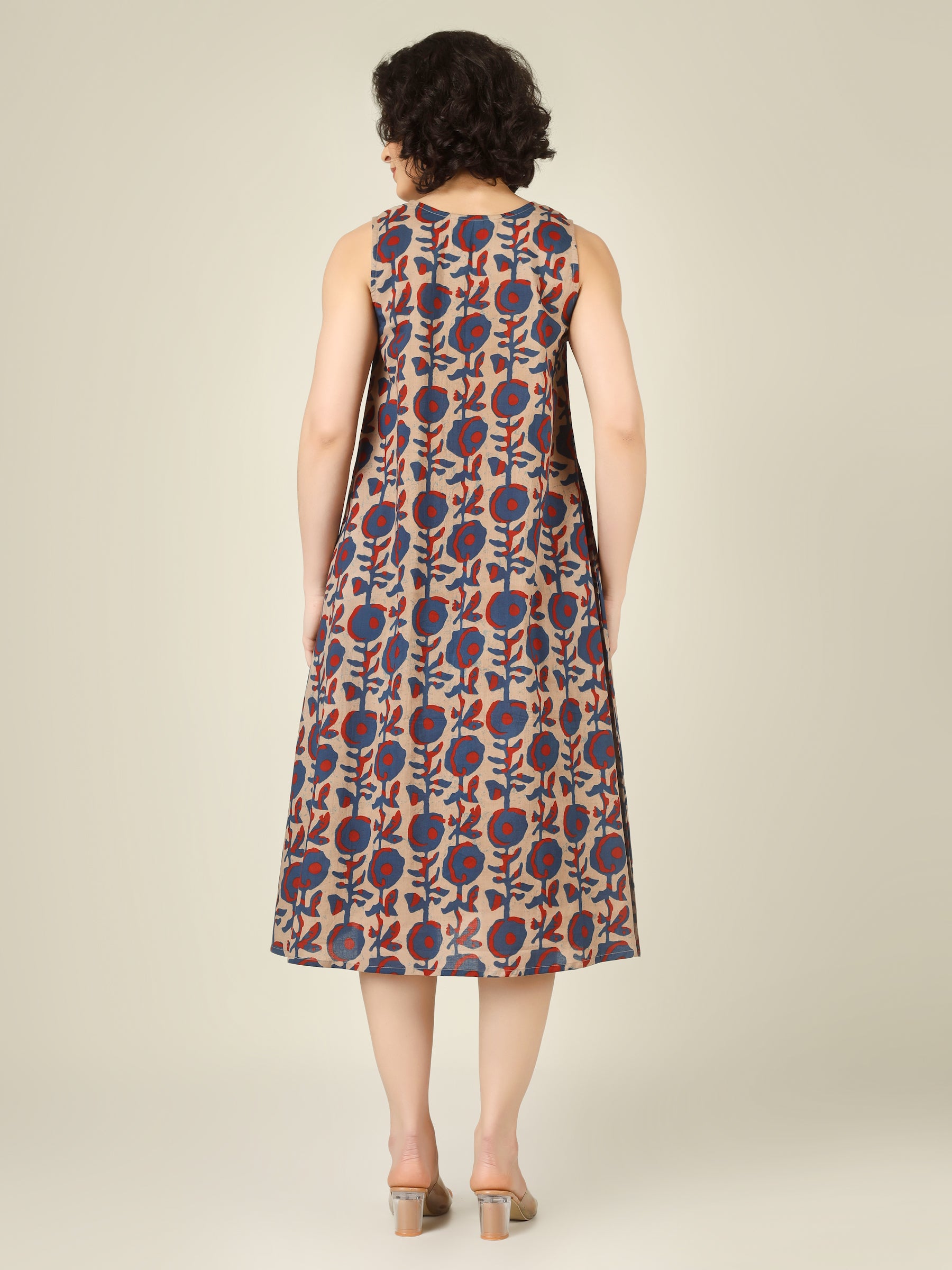 Beige Printed V-Neck Sleeveless A-Line Cotton Dress