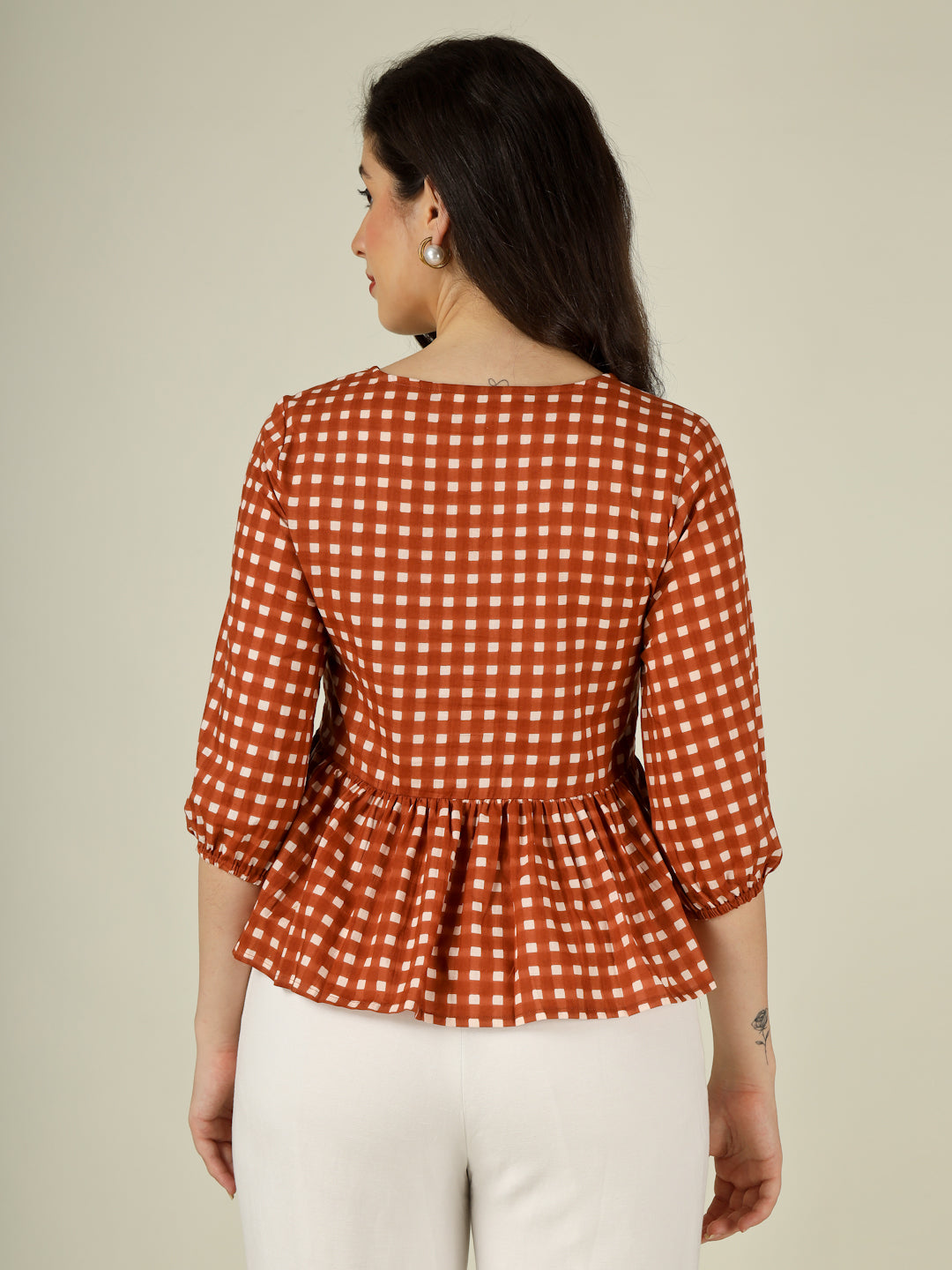 Brown Checked Cotton Peplum Top