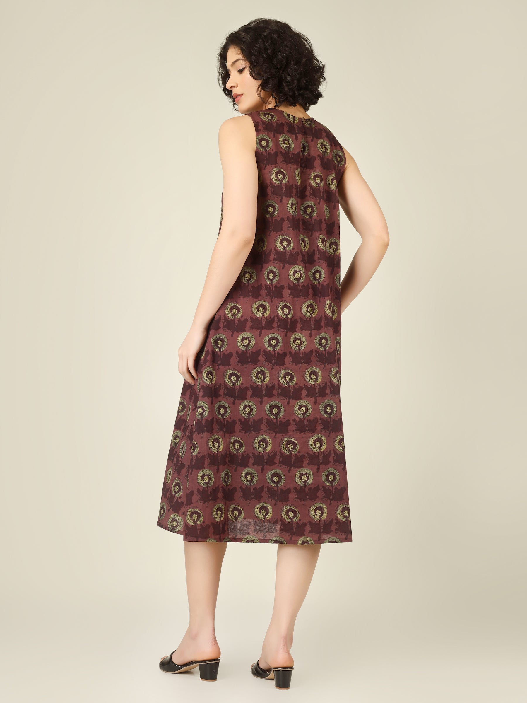 Brownish Red Printed Sleeveless A-Line Cotton Dress