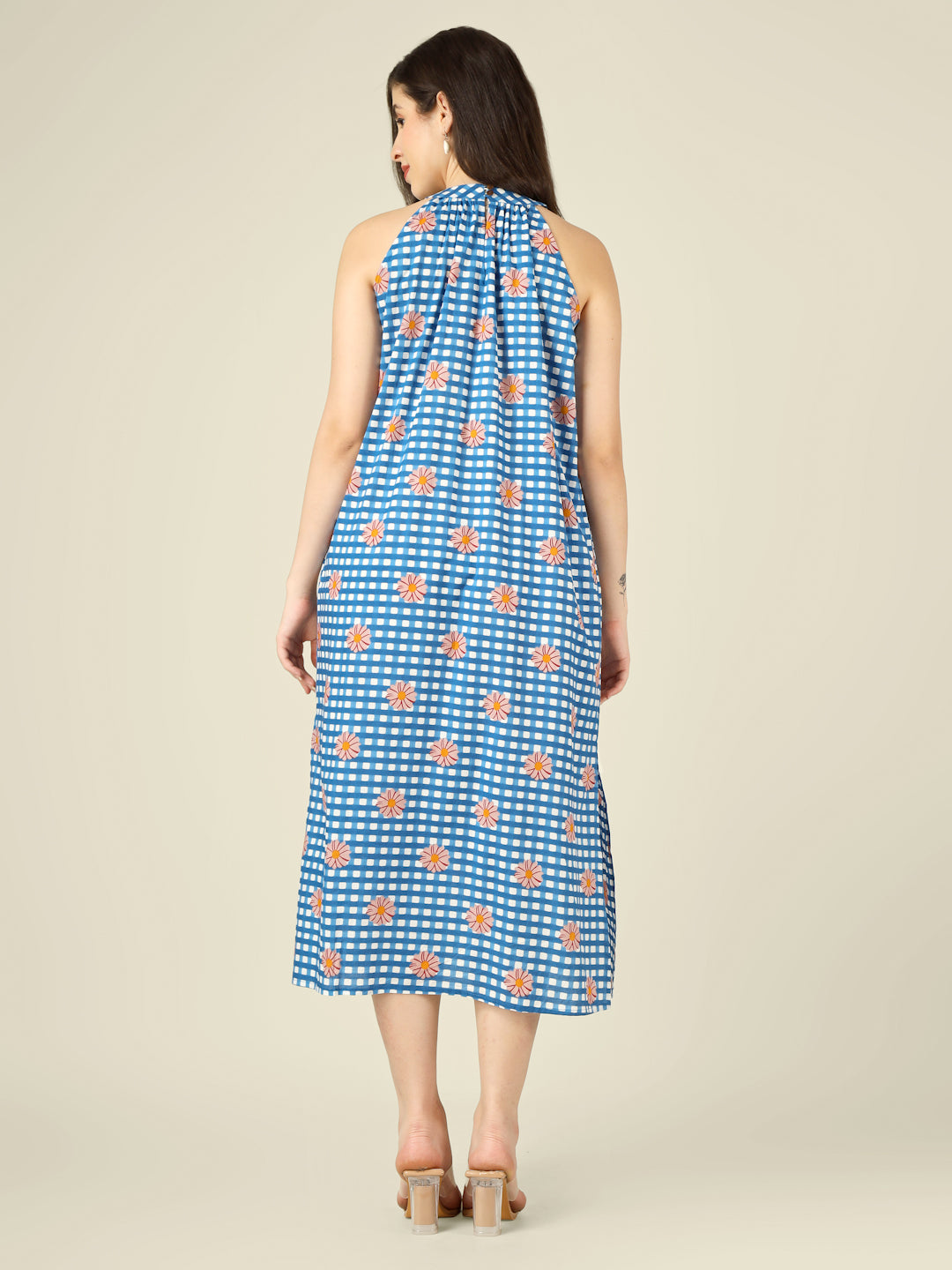 Blue Checked Halter Neck Long Sleeveless Cotton Dress