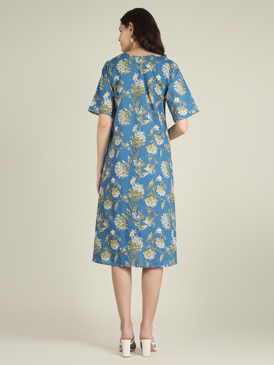 Blue Printed Half-Sleeve A-Line Cotton Dress