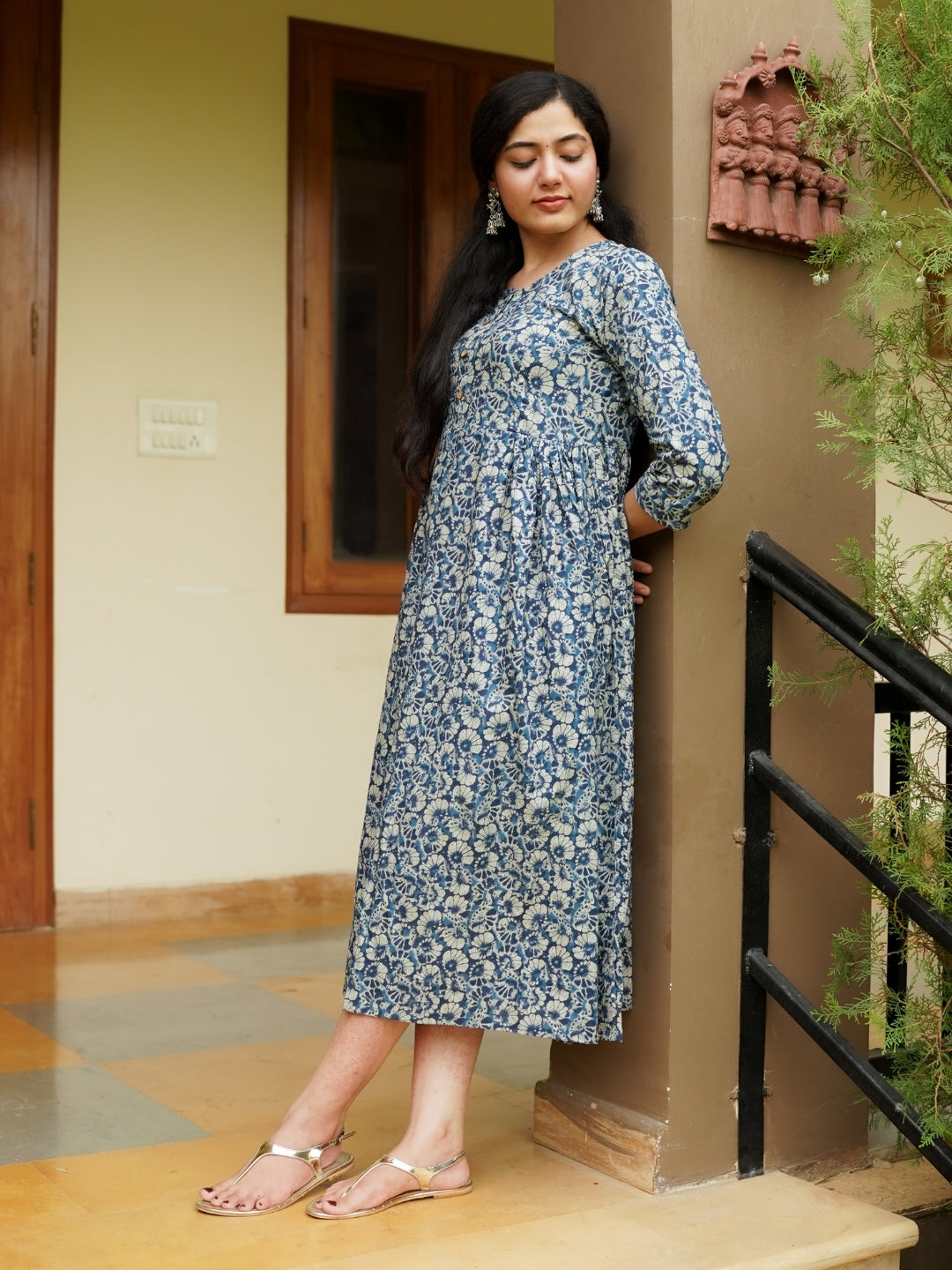 Blue Printed Flared Cotton Dress