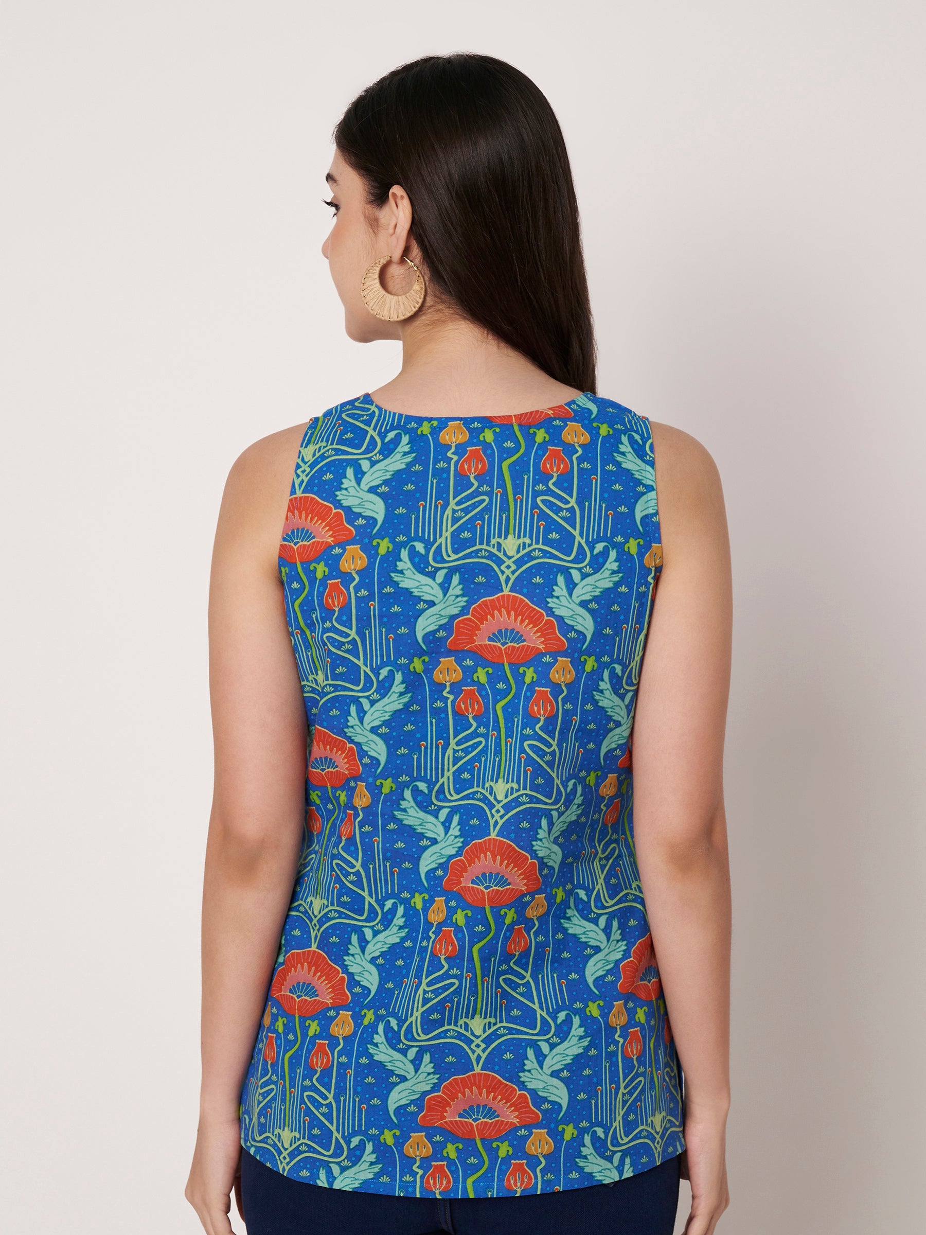 Blue Printed Sleeveless V-Neck Cotton Top