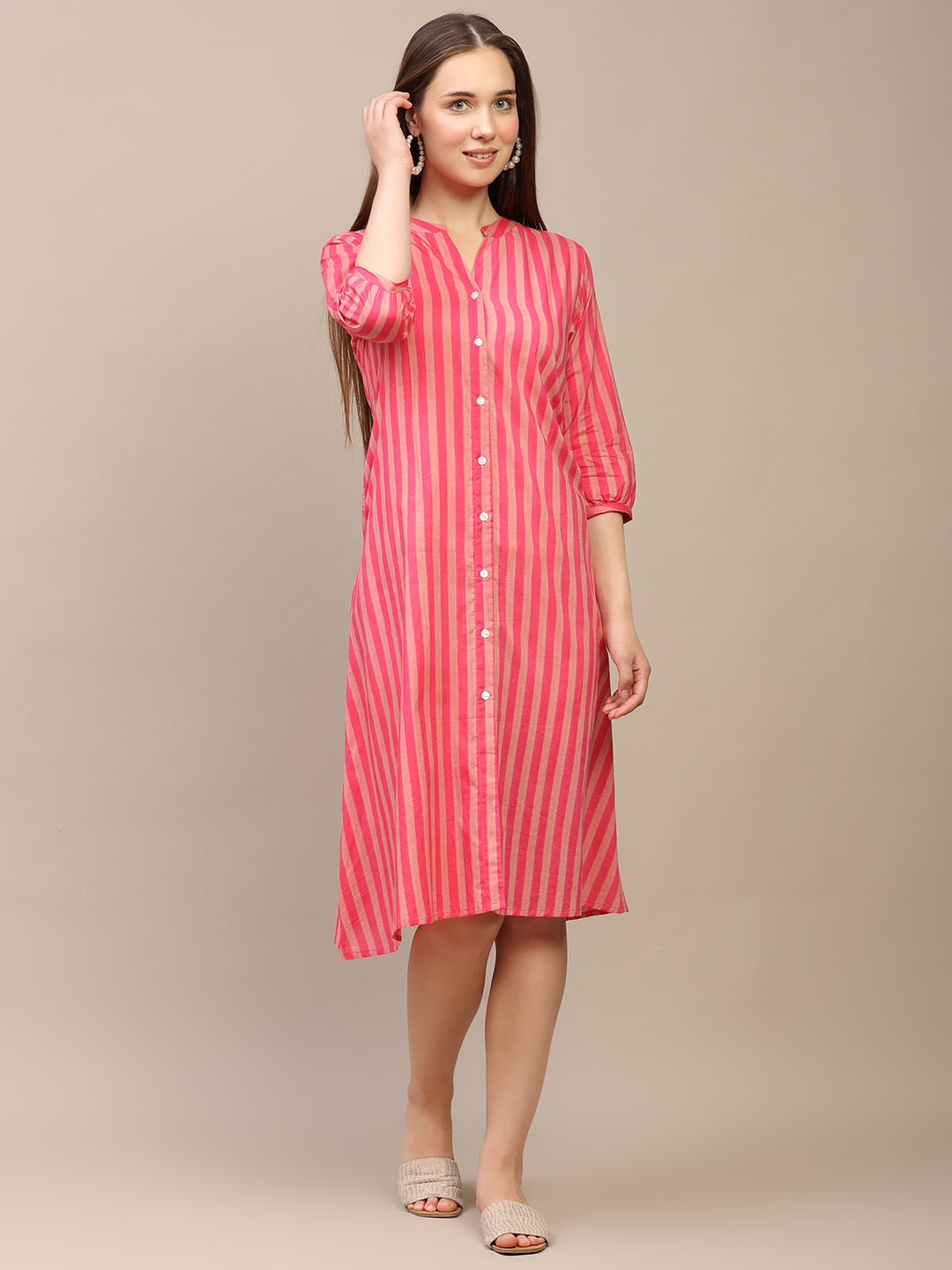 Pink Striped A-Line Cotton Dress