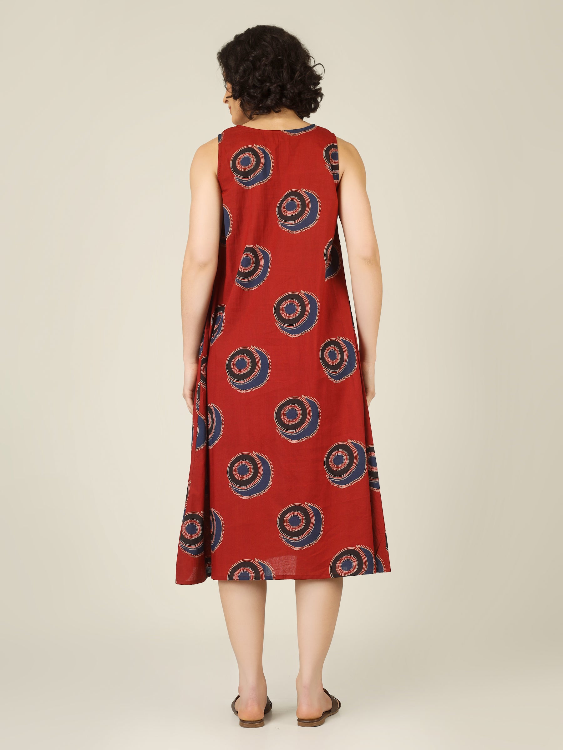 Maroon Printed V-Neck Sleeveless A-Line Cotton Dress
