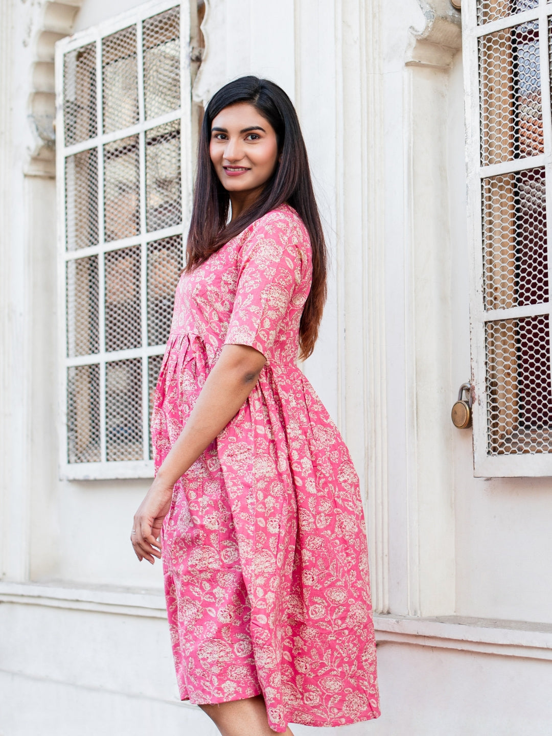 Pink Printed Flared Cotton Dress