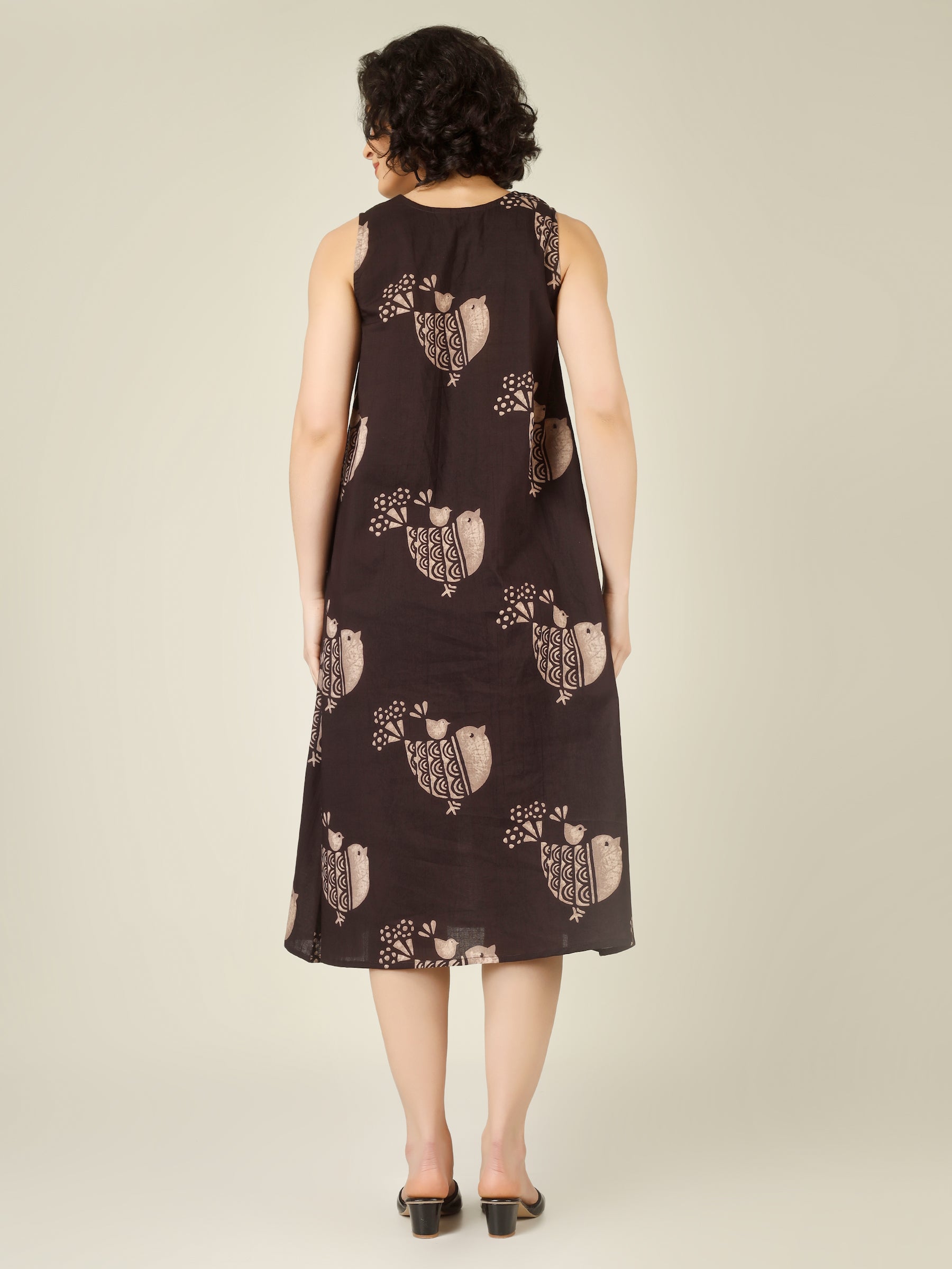 Brown Printed V-Neck Sleeveless A-Line Cotton Dress