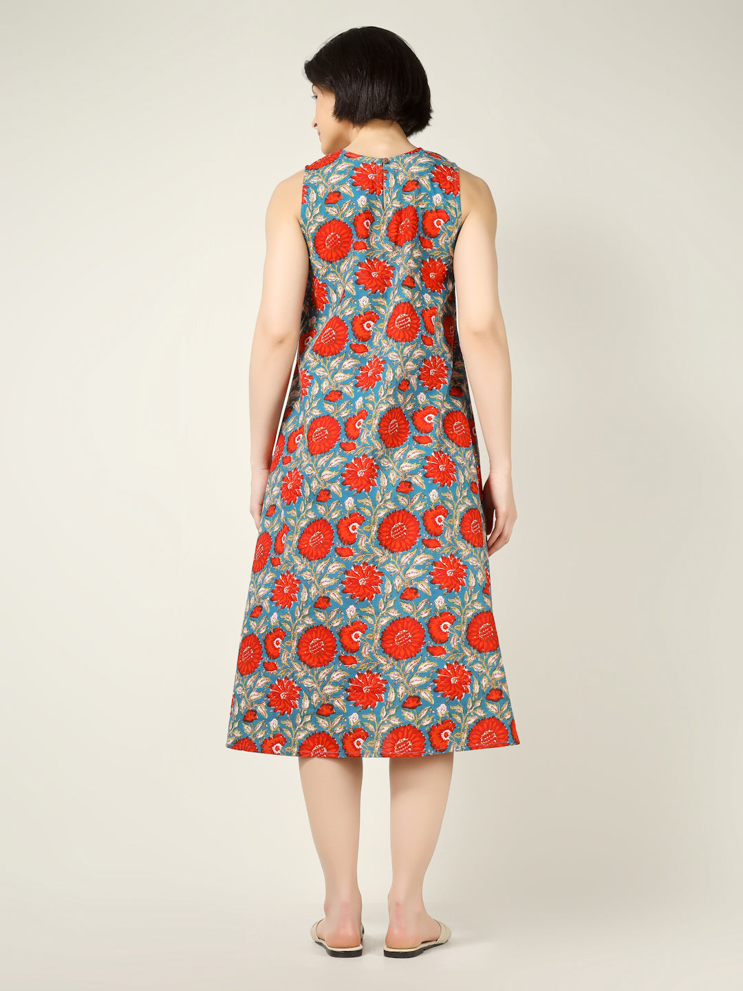 Blue Printed Sleeveless A-Line Cotton Dress