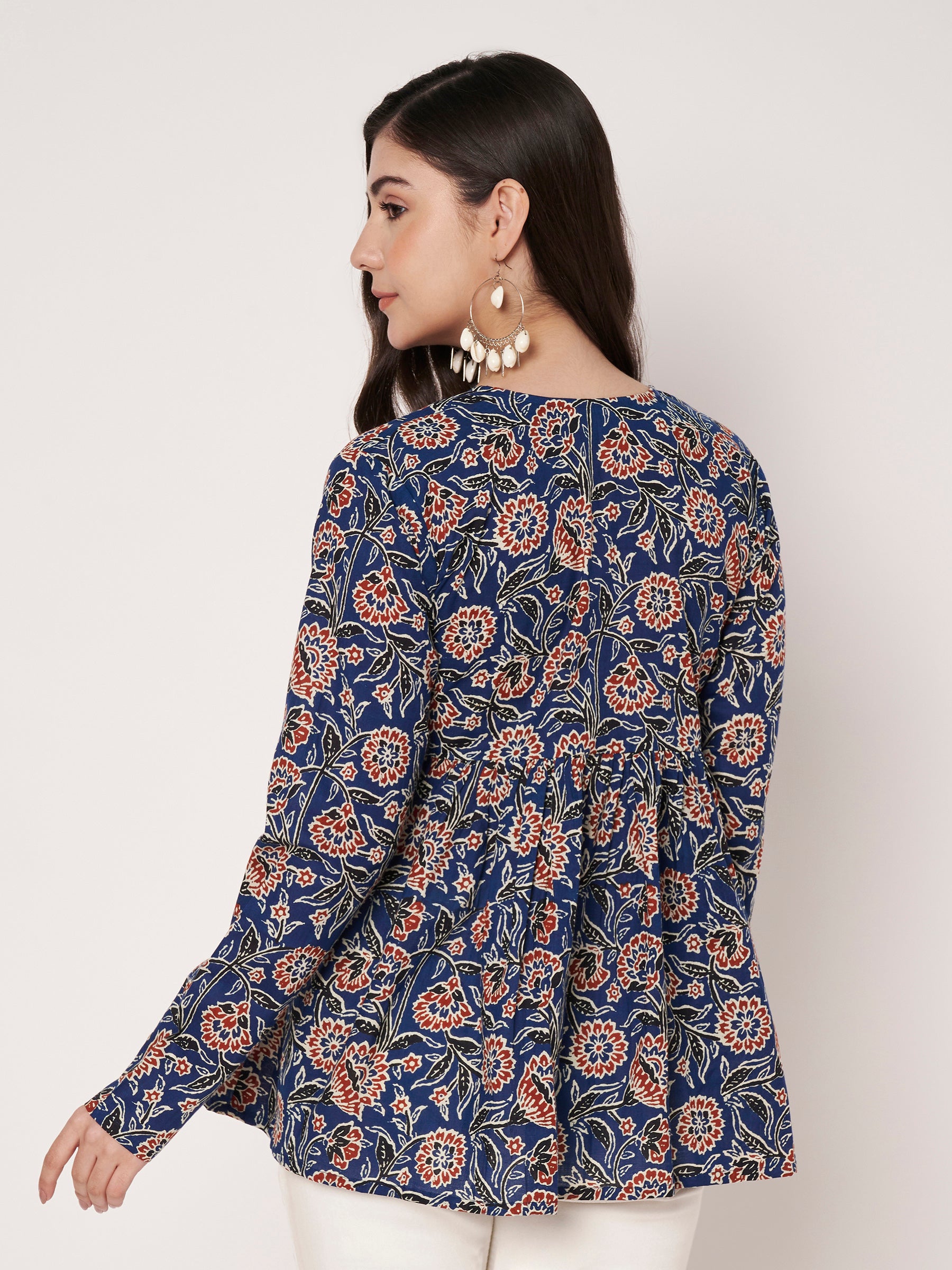 Blue Printed Alia-Cut Cotton Top
