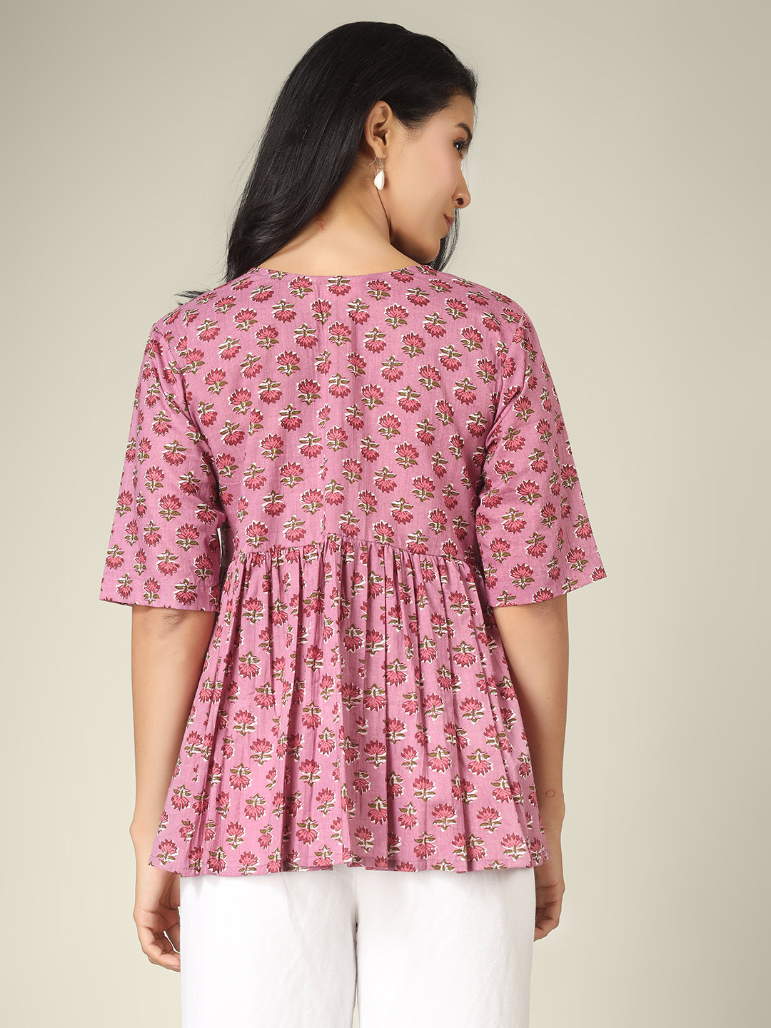 Pink Printed Half-Sleeve Alia-Cut Cotton Peplum Top