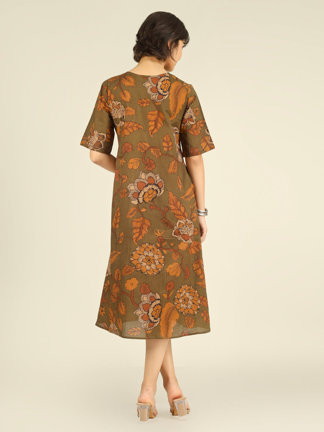 Olive Printed Half-Sleeve A-Line Cotton Dress