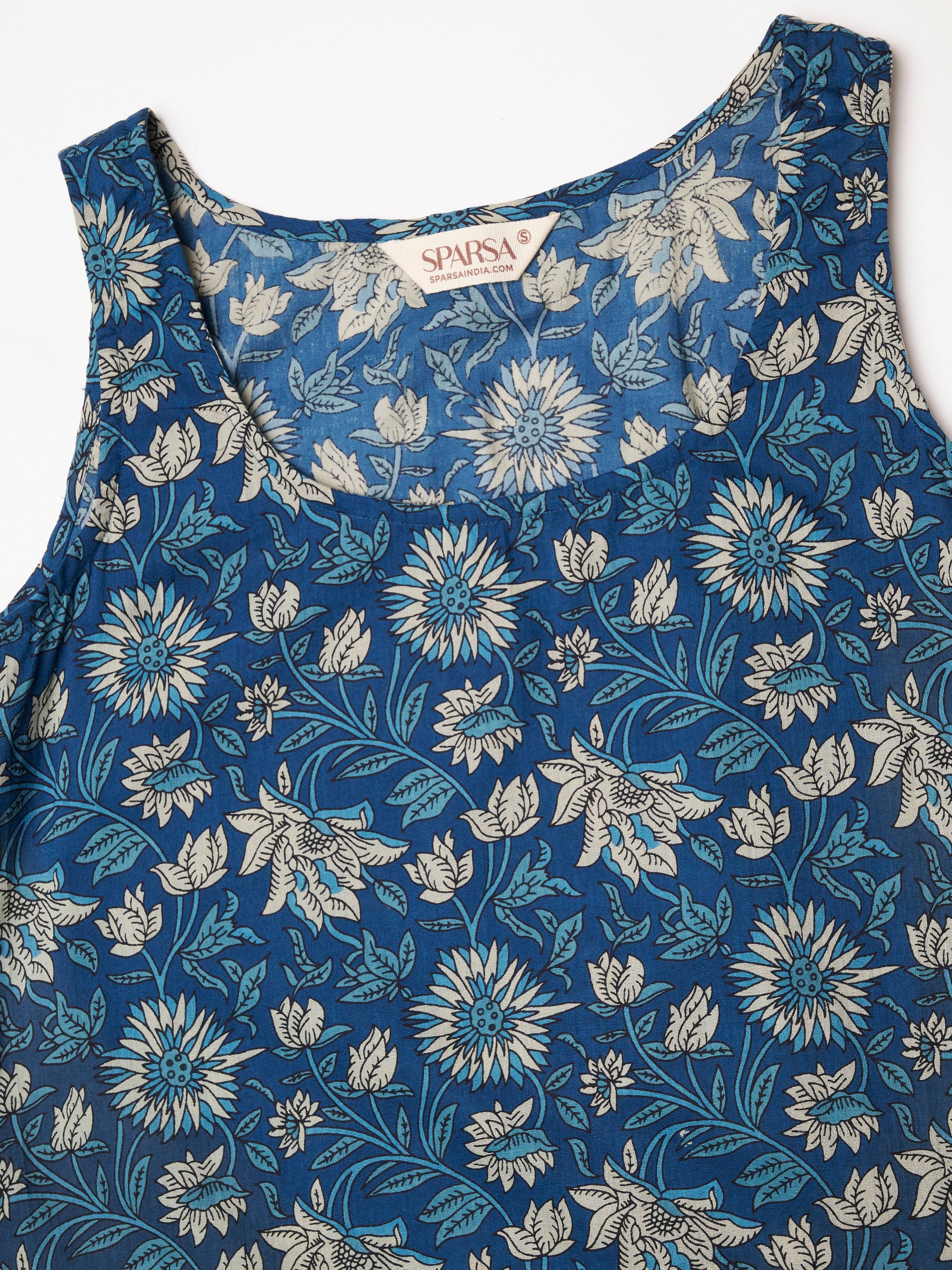 Blue Printed Sleeveless Cotton Top