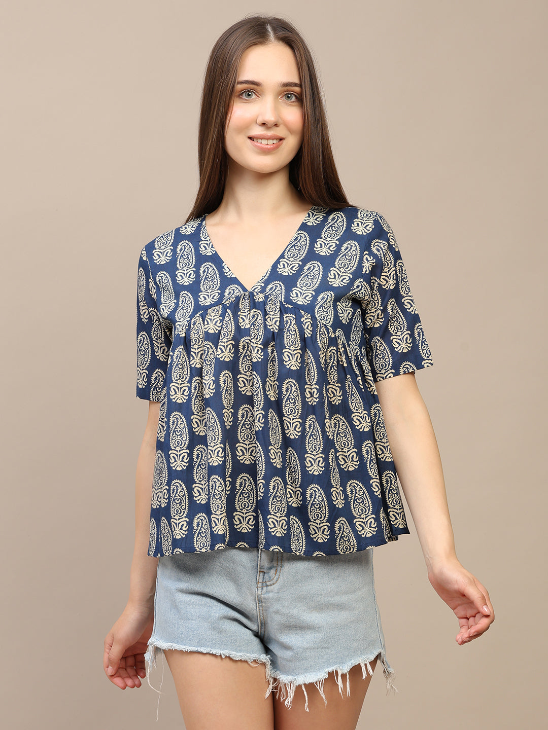 Blue Printed Half-Sleeve Alia-Cut Cotton Top