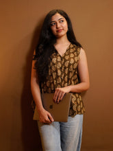 Brown Printed Sleeveless Cotton Top