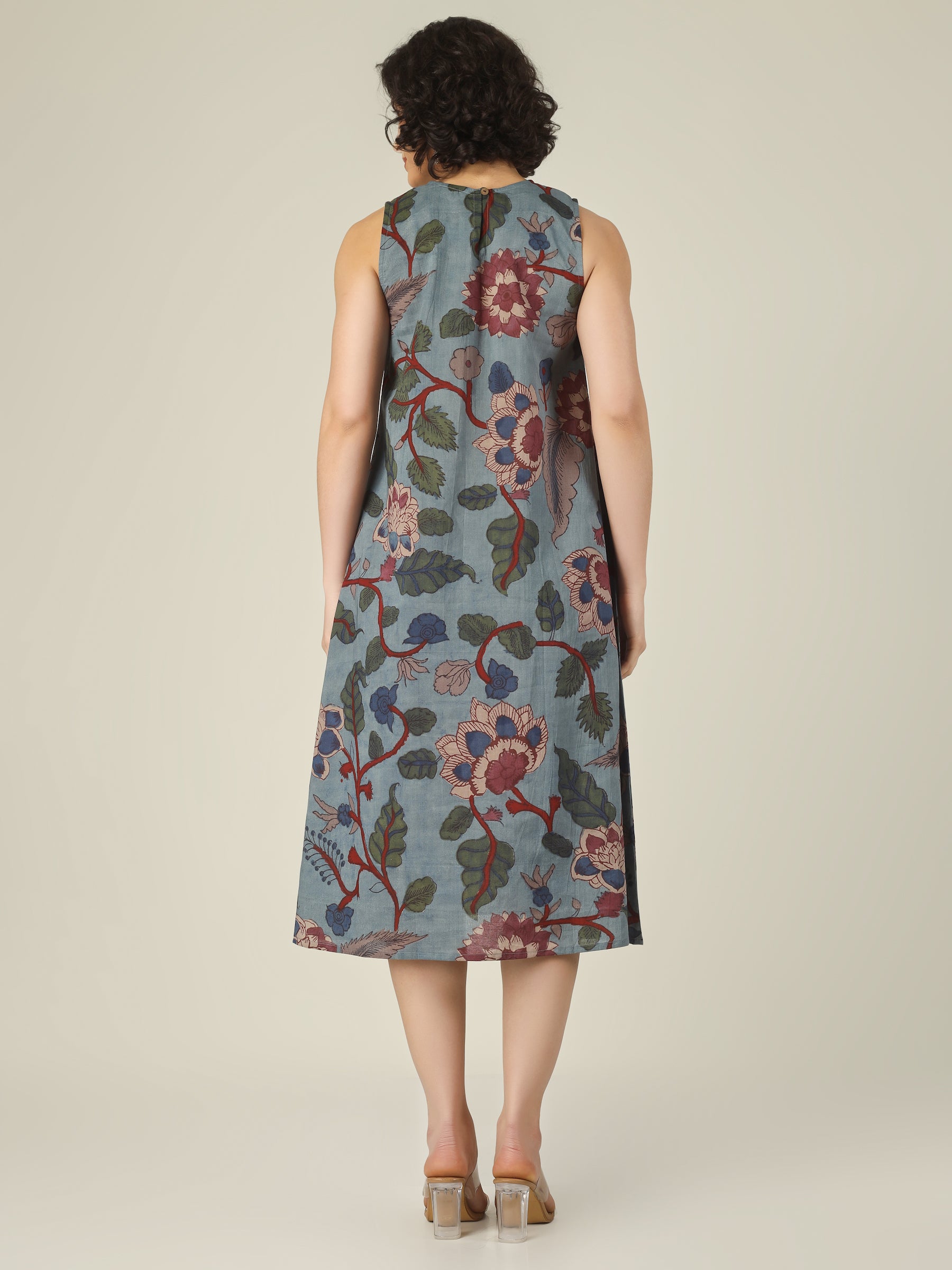 Slate Blue Printed Sleeveless A-Line Cotton Dress