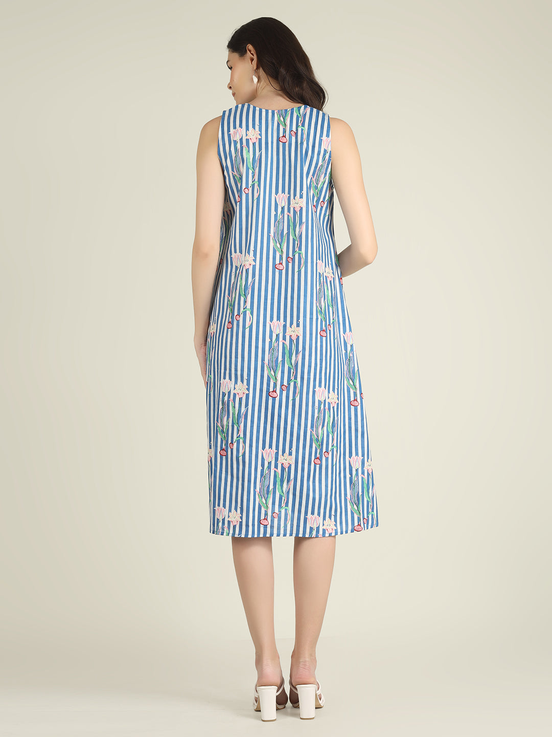 Sky Blue Striped Sleeveless V-Neck A-Line Cotton Dress